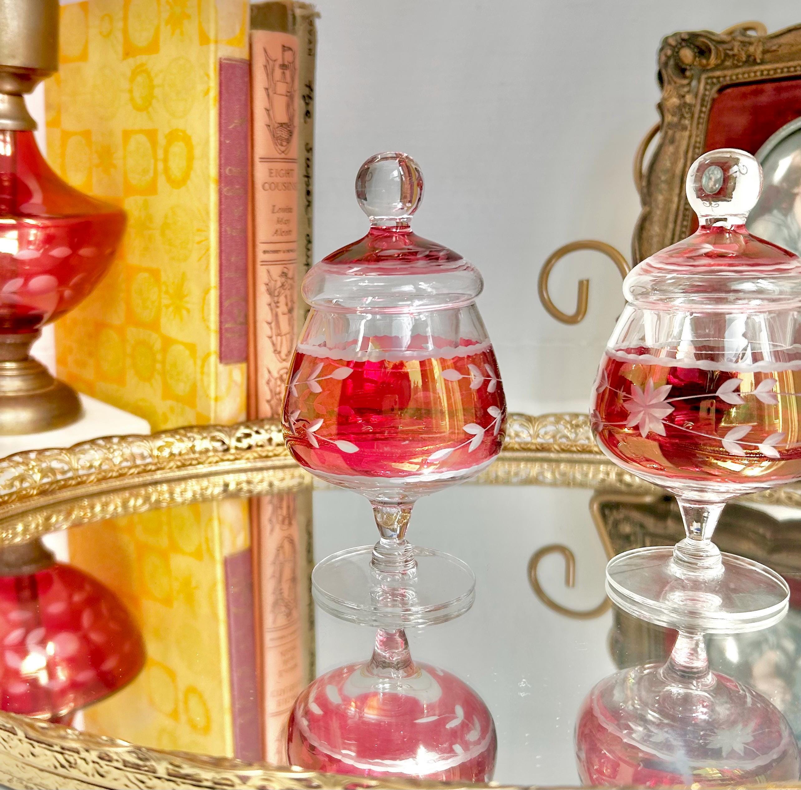 Vintage Cranberry Cut-to-Clear Glass Canister: Bohemian Ruby Red Candy Jar
