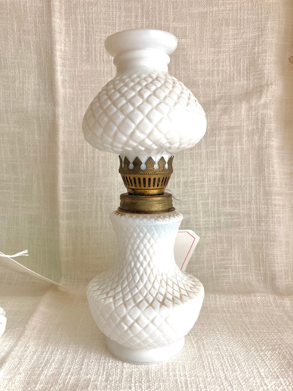 Vintage Milk Glass Oil Lamp: Diamond Hobnail, Fruit Appliqué, 8" Tall
