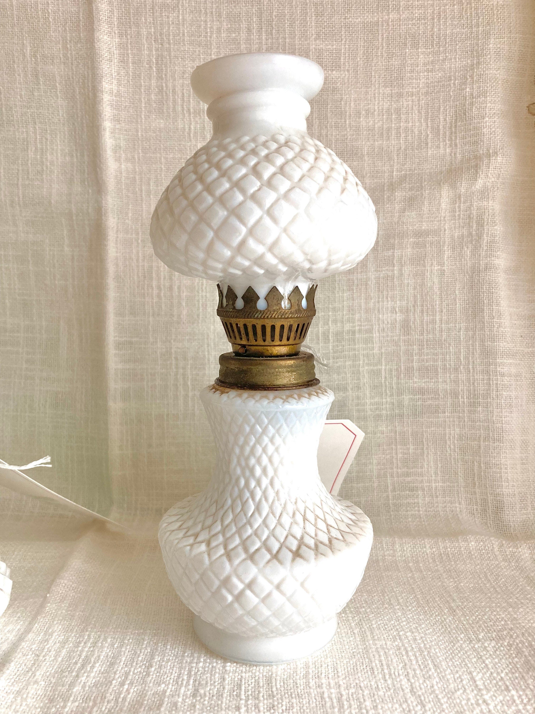 Vintage Milk Glass Oil Lamp: Diamond Hobnail, Fruit Appliqué, 8" Tall