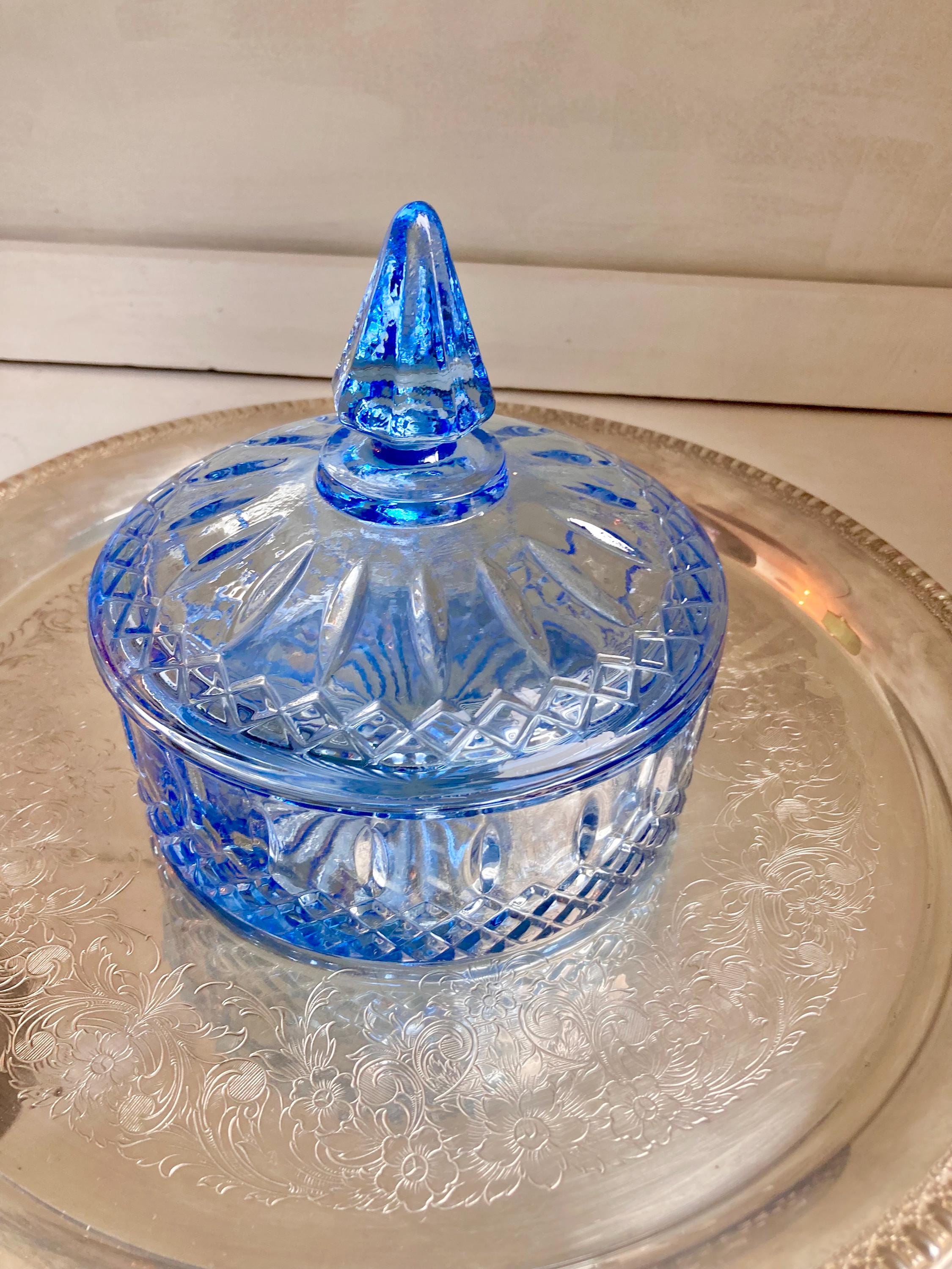 Vintage Indiana Glass Celeste Blue Lidded Candy Dish: Lattice Starburst Pattern