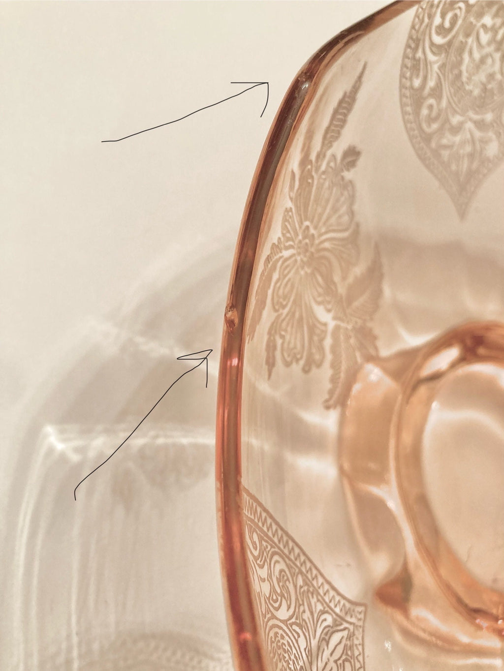 Pink Depression Glass Bowl - Etched Flowers, Dancing Nudes, Octagonal