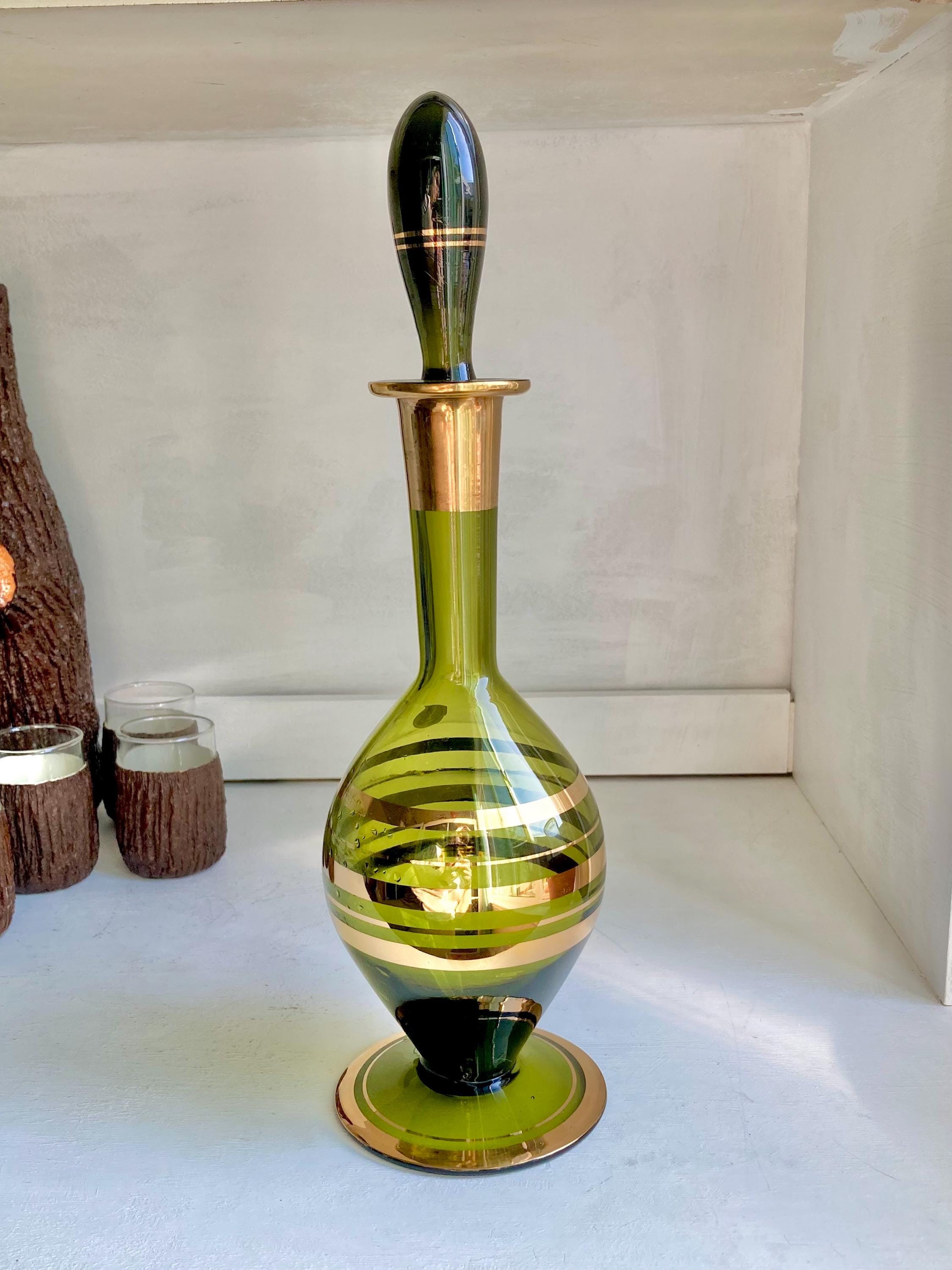 Vintage Blown Green Glass Decanter: Teardrop Stopper, Gold Trim