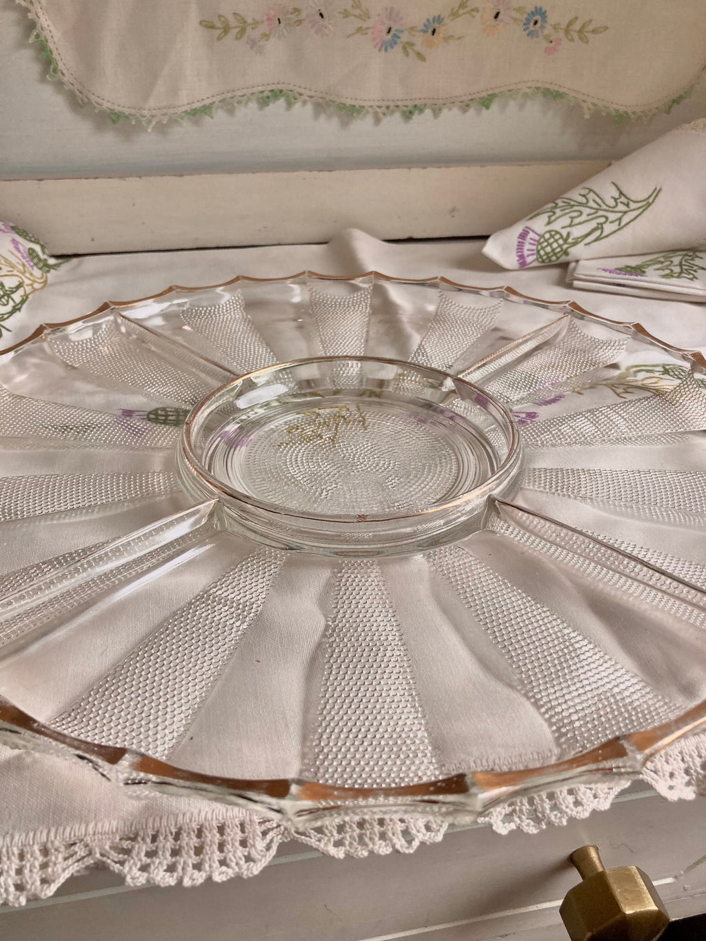 Vintage Jeanette Dewdrop Glass Serving Platter: Gold Wavy Edge, 5-Part Dish