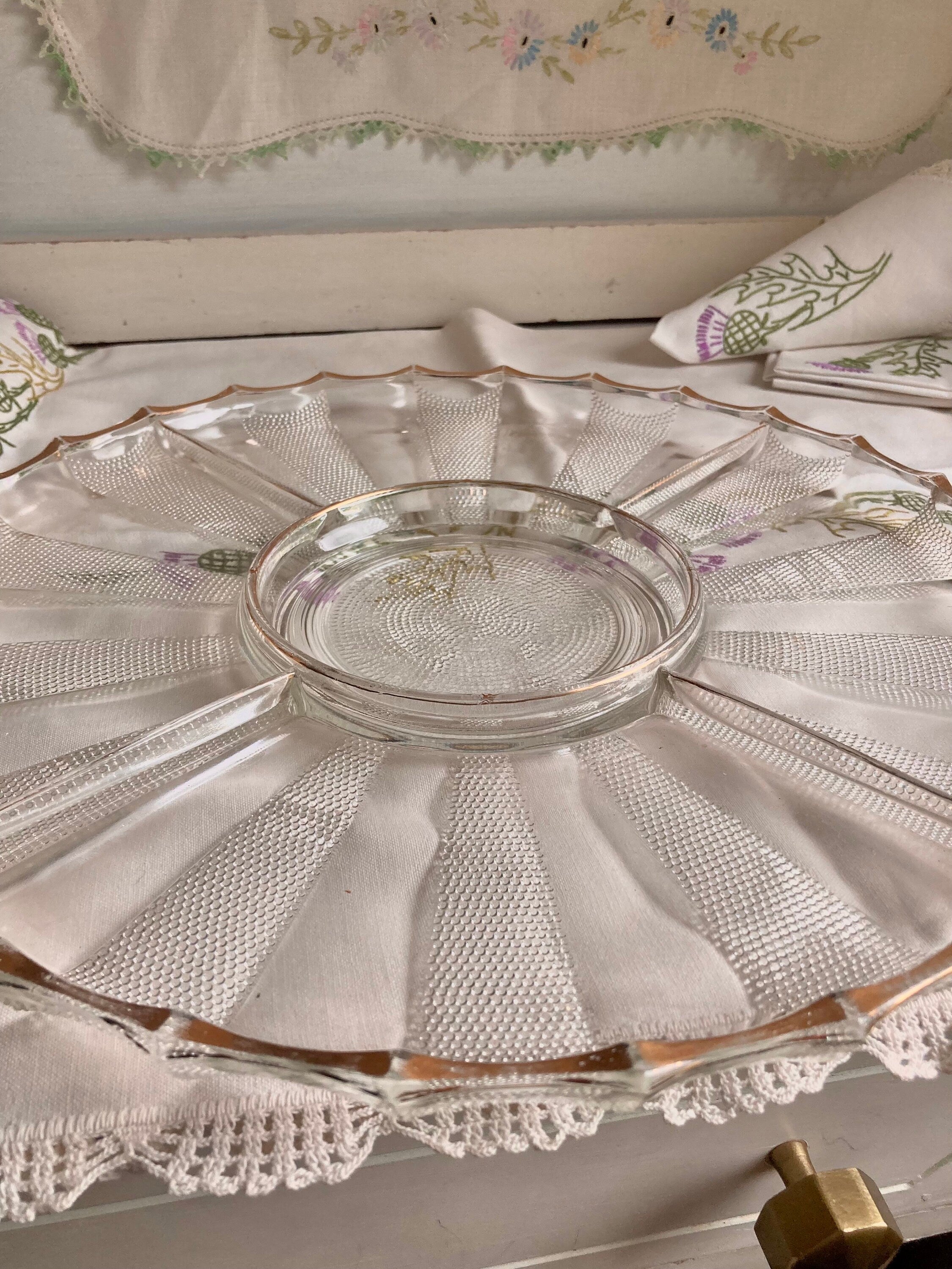 Vintage Jeanette Dewdrop Glass Serving Platter: Gold Wavy Edge, 5-Part Dish