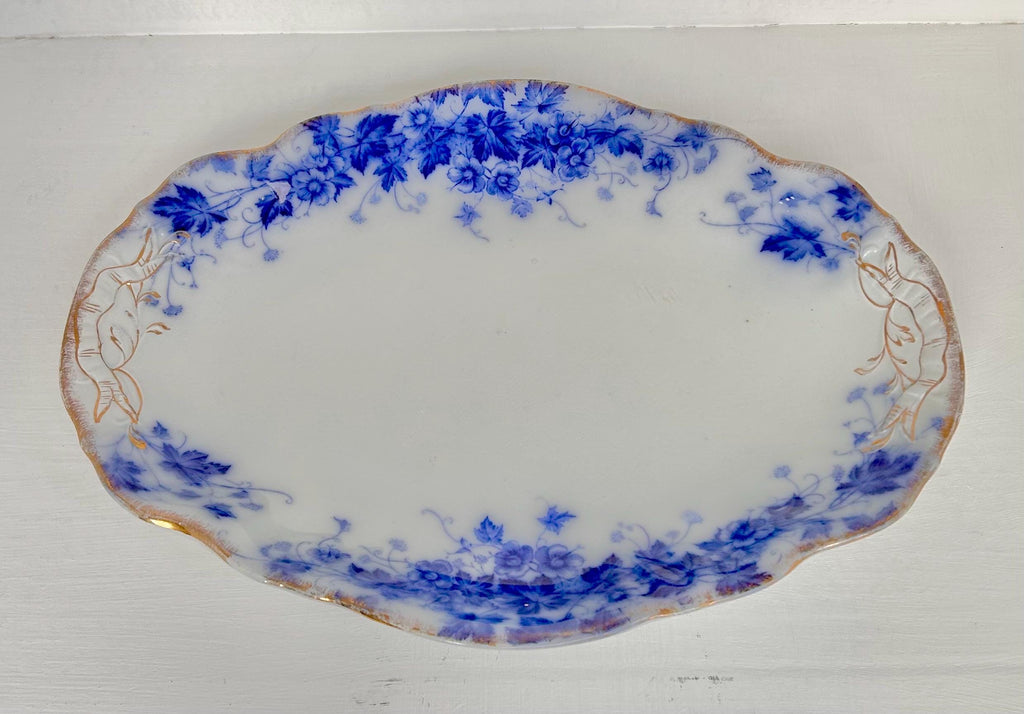 Antique Flow Blue Serving Platter: Royal Semi Porcelain Floral Plate, 14.5"