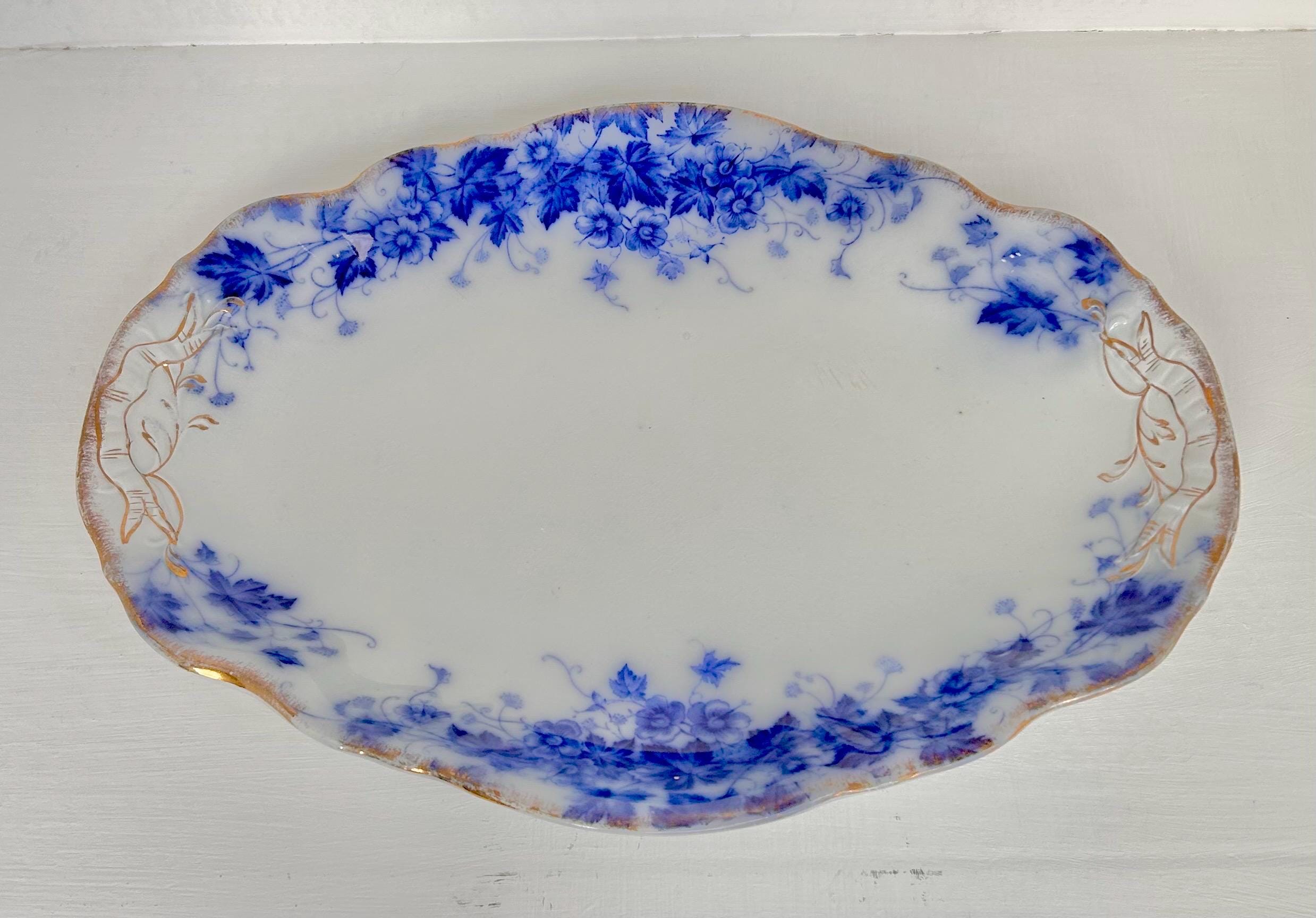 Antique Flow Blue Serving Platter: Royal Semi Porcelain Floral Plate, 14.5"
