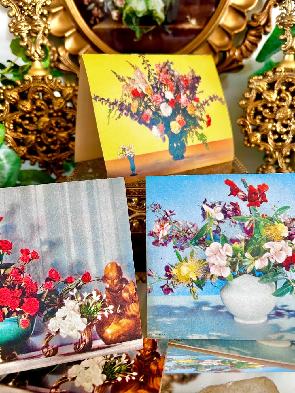 MCM 1950s Floral Blank Notecards, Litho USA, Printed in Milwaukee, Set of Nine