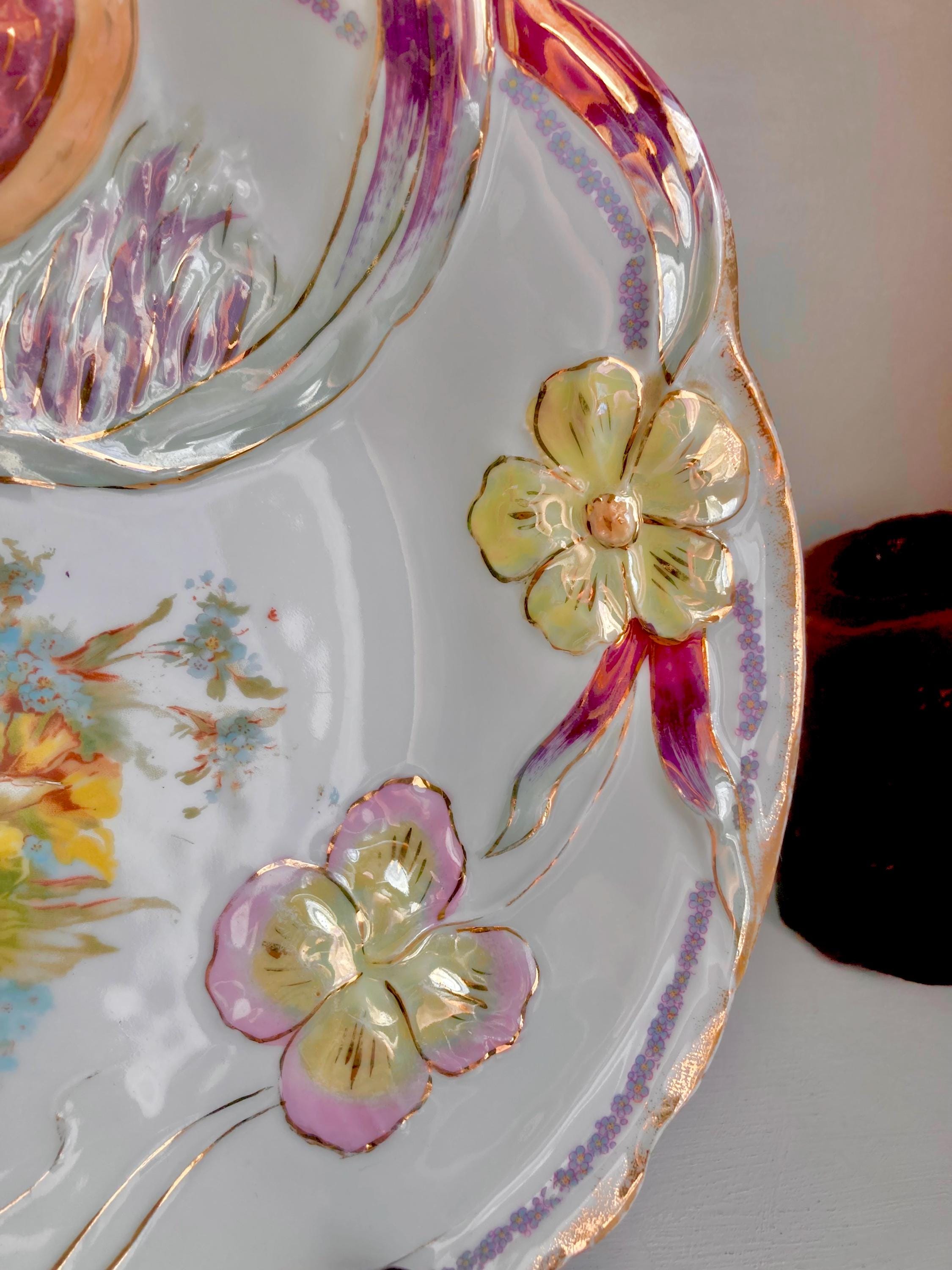 Vintage Bavarian Porcelain Bowl: Hand-Painted Bird & Floral Luster Dish