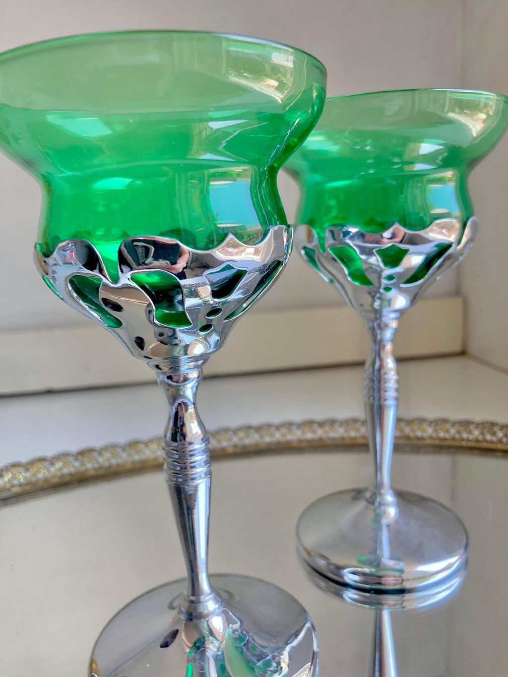 Midcentury Farber Bros Chrome Stem Glassware: Art Nouveau Cocktail Glasses