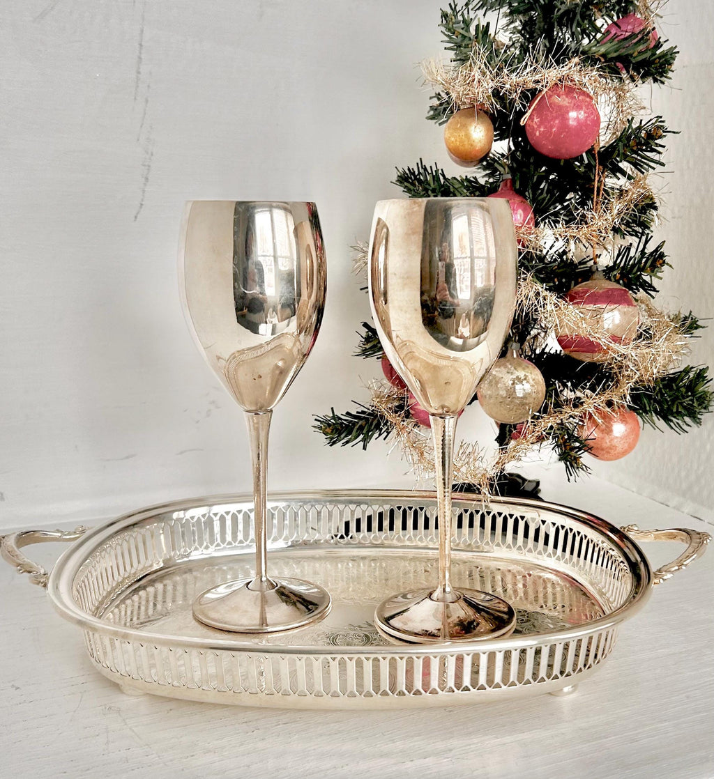 Pair of Vintage Silverplate Wine Goblets, El Delberti Italy