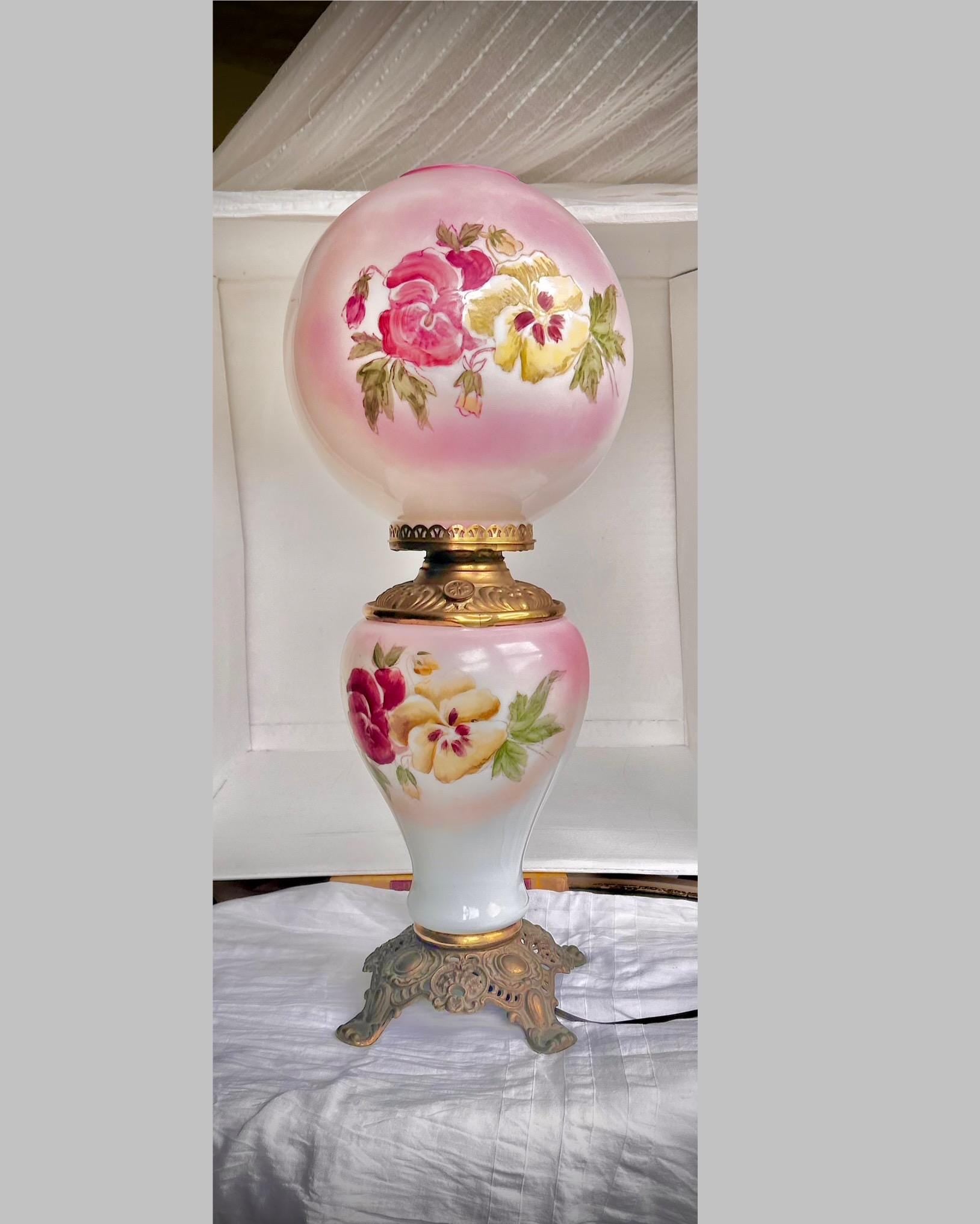 Vintage Pink Tinted Milk Glass Hurricane Lamp: Hand-Painted Pansies, Brass Accents