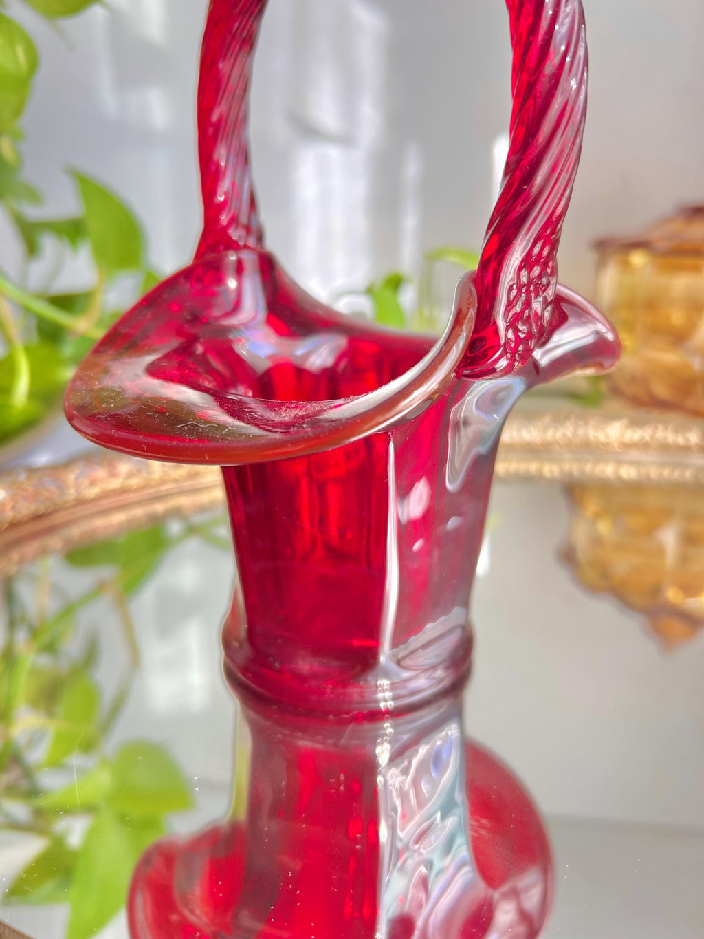 Vintage Fenton Ruby Red Glass Basket: Twisted Rope Handle, Paneled Design