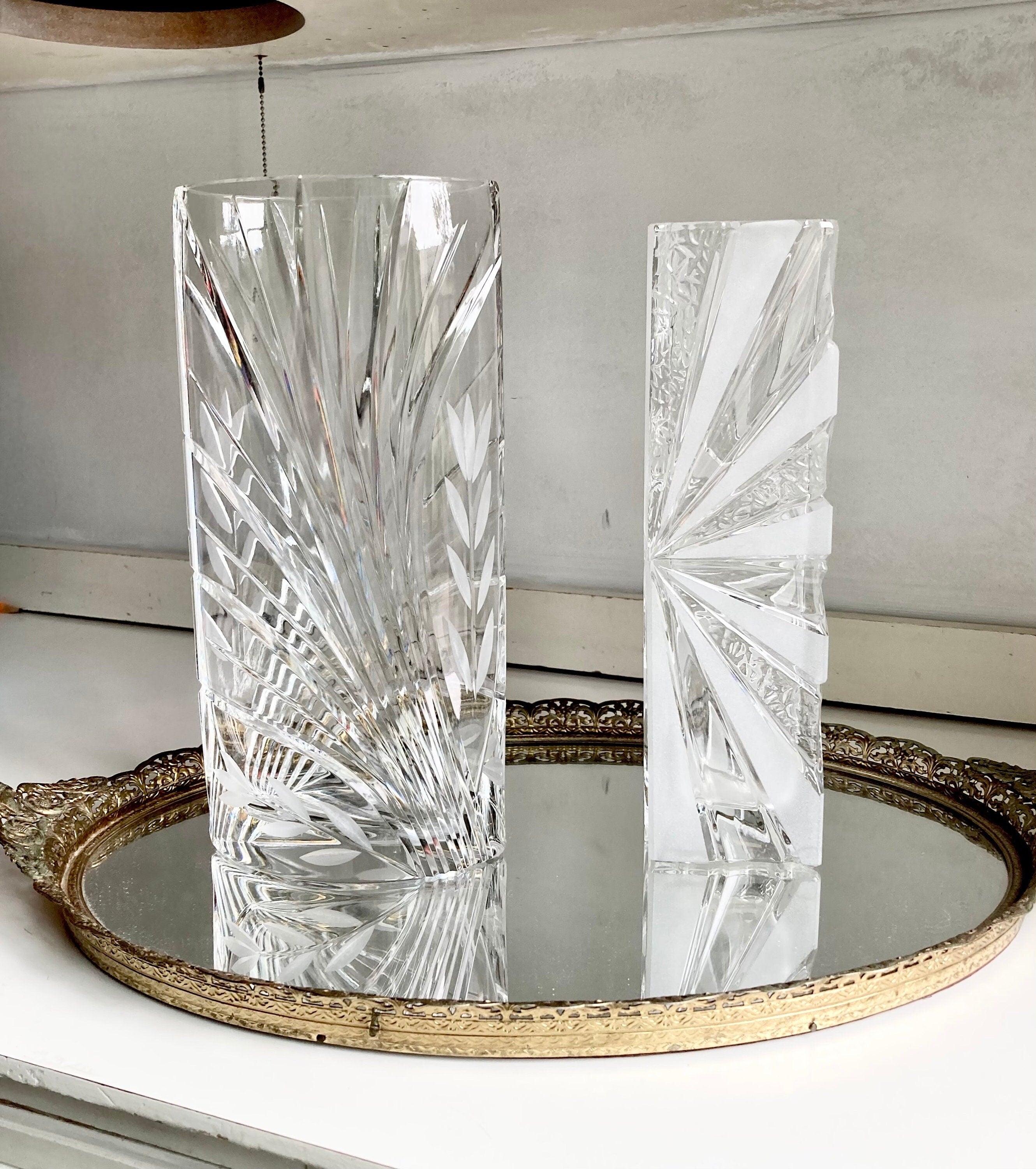 Vintage European Cut Crystal Vases: Geometric Frosted Glass Accents