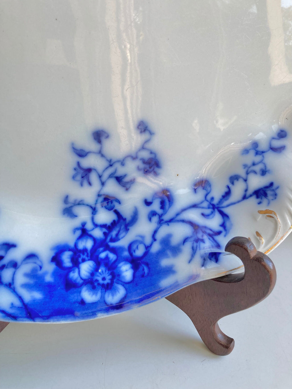 Antique Grindley Flow Blue Platter: 16" Floral Foliage, Gilding