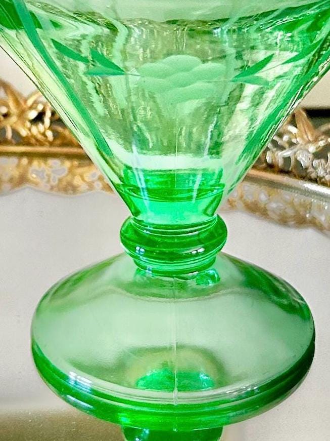 Vintage Uranium Green Heavy Pressed Glass Pedestal Sherbet Dish, Etched