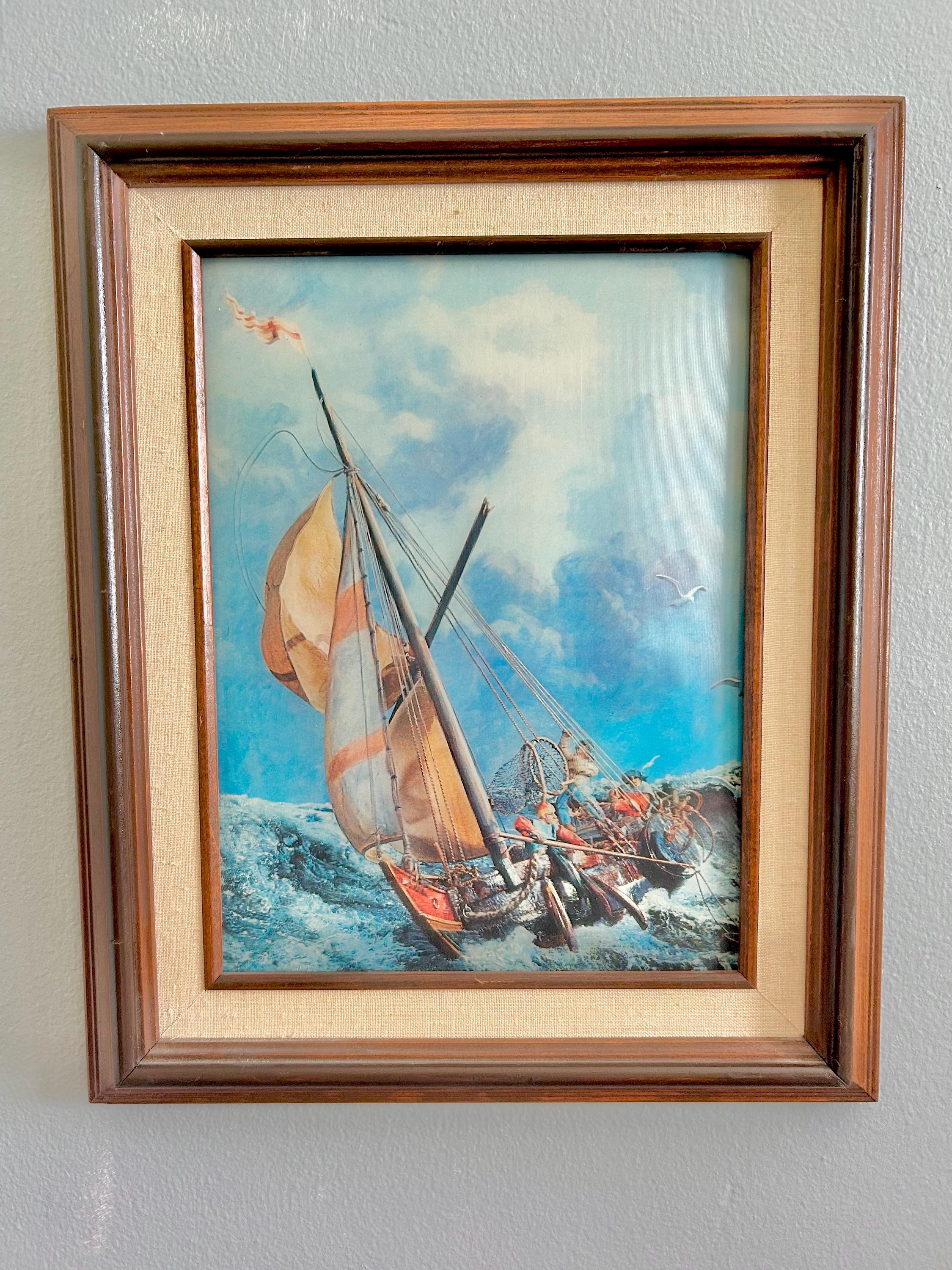 Vintage Lenticular Sailboat Art: Kitsch 3D Hologram, Wooden Frame