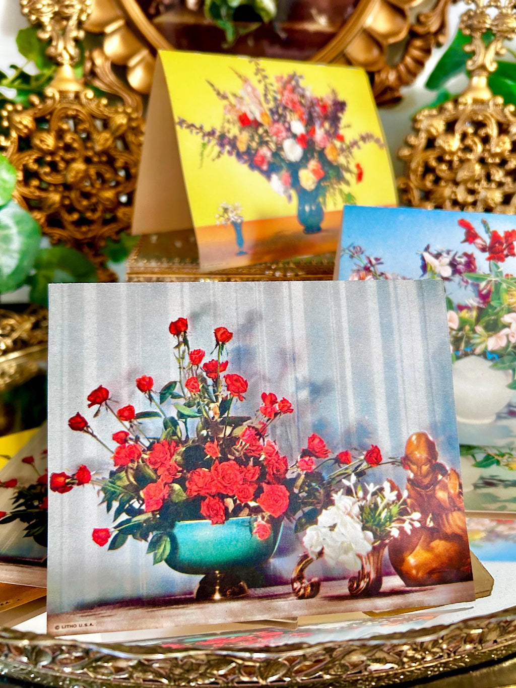 MCM 1950s Floral Blank Notecards, Litho USA, Printed in Milwaukee, Set of Nine