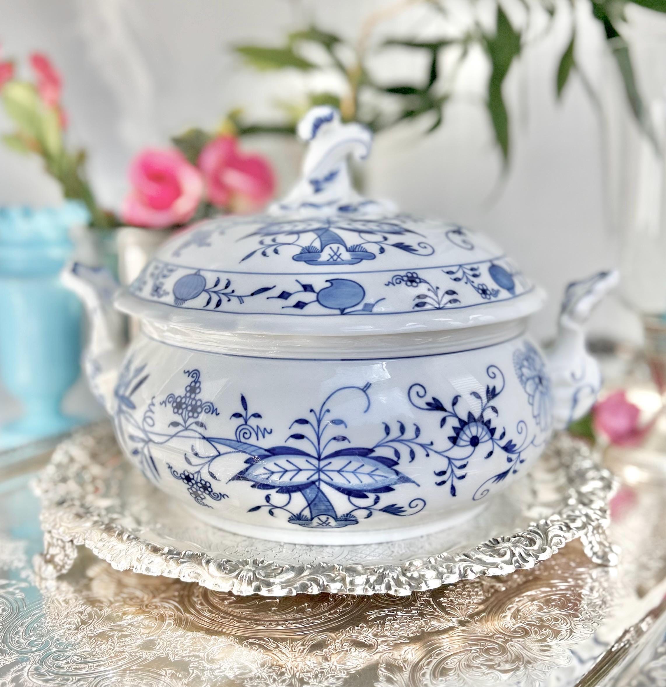 Meissen Porcelain Blue Onion Tureen - Blue Sword Backstamp Scroll Finial Lid - Newer production