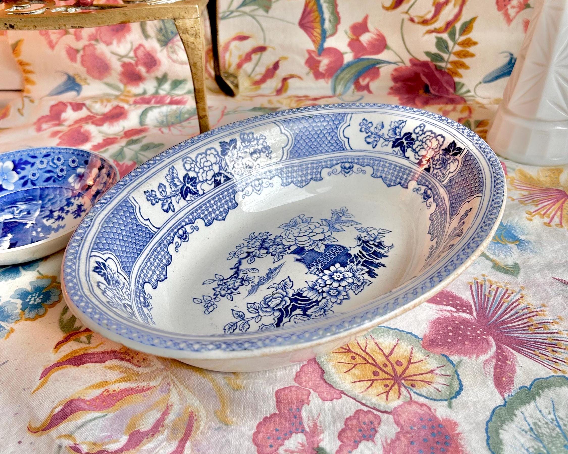 Antique Chinoiserie Serving Bowl: Blue and White Floral Transferware, Soho Pottery