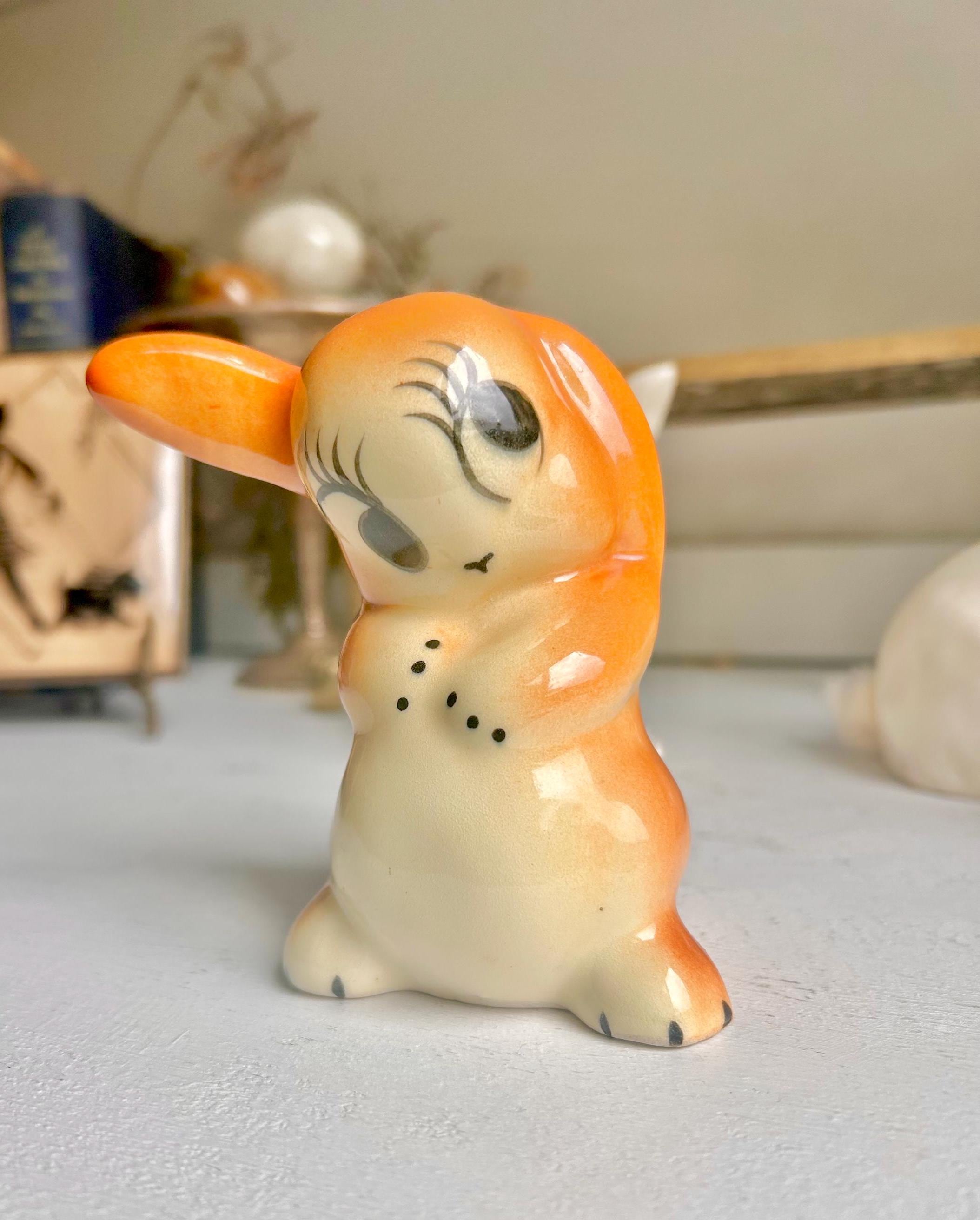 Vintage Ceramic Bunny Figurines: Cottontail Cotton Ball Dispenser