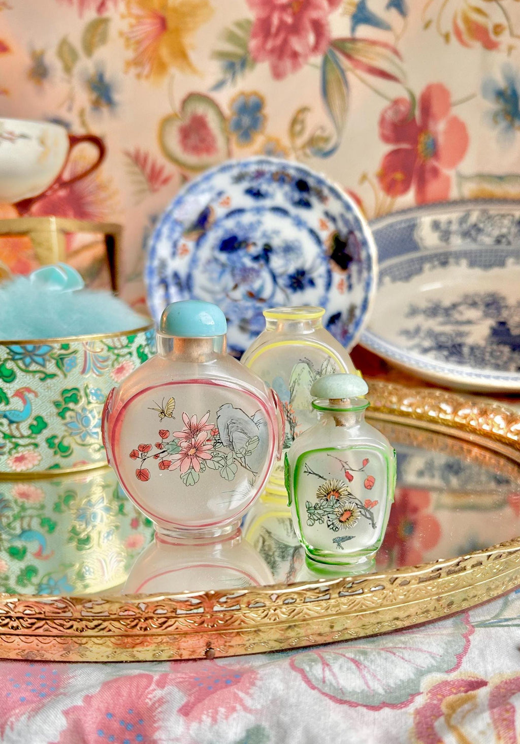 Vintage Chinese reverse Painted Carved Glass Snuff Bottles, 2-3 inch, Sold Individually