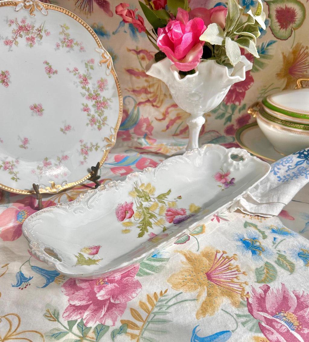 Vintage Porcelain Tray: Pink & Purple Poppies, Gilt Rim, Bavaria Germany