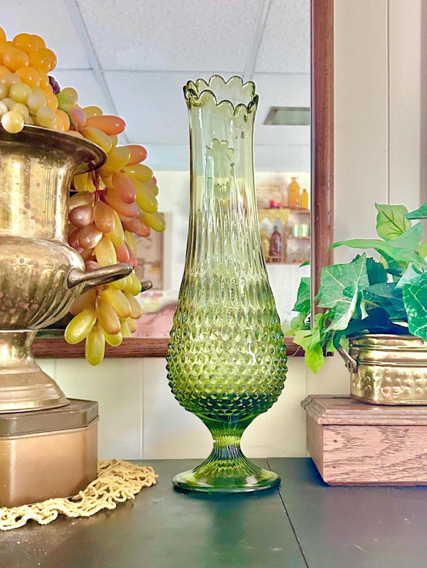 Mid-Century Fenton 17 inch Glass Swung Vase: Avocado Green Hobnail, 1960s