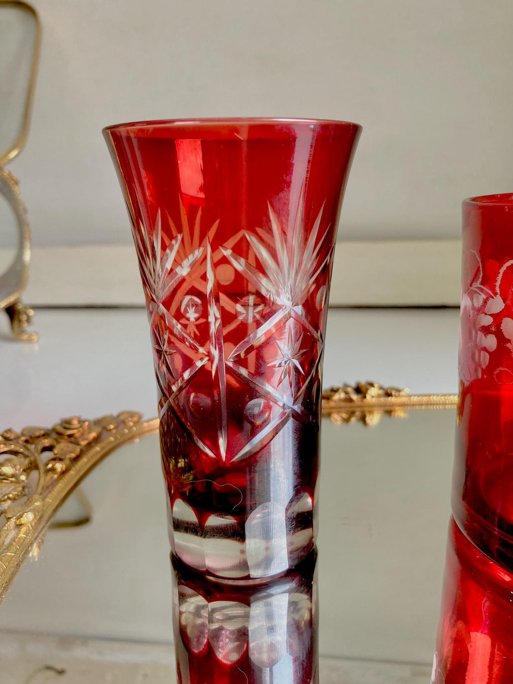 Vintage Ruby Red Flashed Etched/Cut-to-Clear Bohemian Glasses-choose from 2