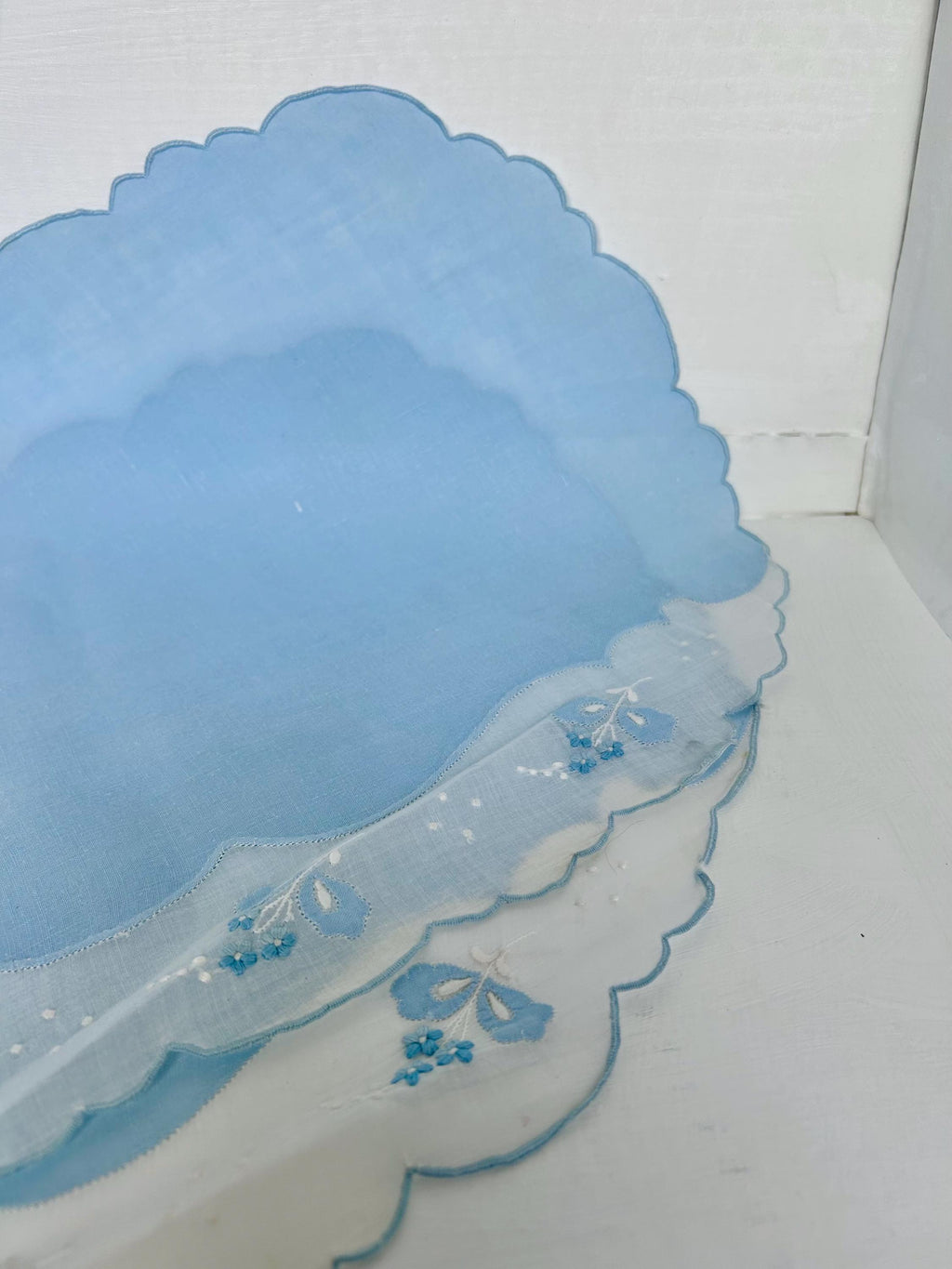 Vintage Linen Placemats: Sky Blue Organdy Trim, Floral Embroidery
