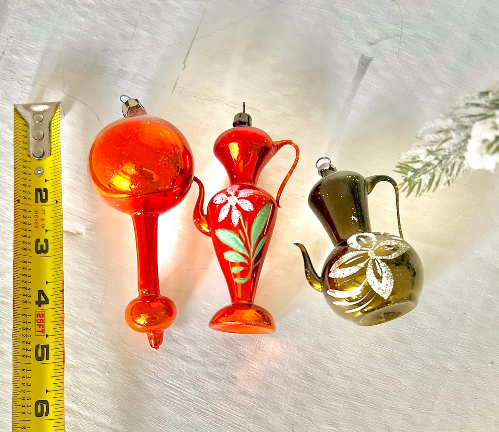 Vintage Handmade Glass Christmas Ornaments Hand Painted Teapots & Drop Bulbs