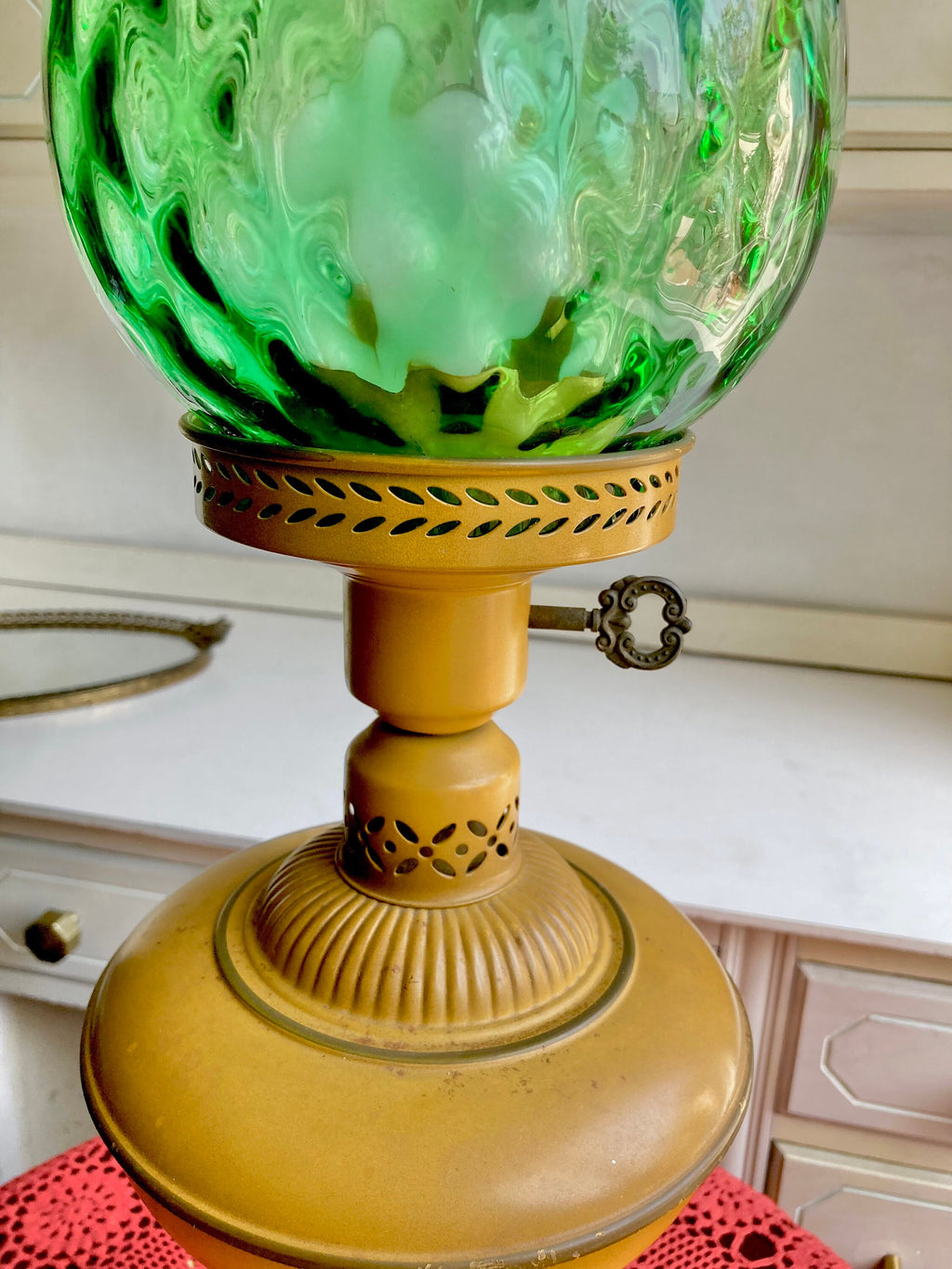 Vintage Hurricane Lamp - Dark yellow metal base, Optic Green Blown Glass Crimped Shade