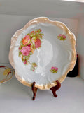 Vintage Bavarian Porcelain Bowl: Floral Appliqué, Luster Ruffled Rim
