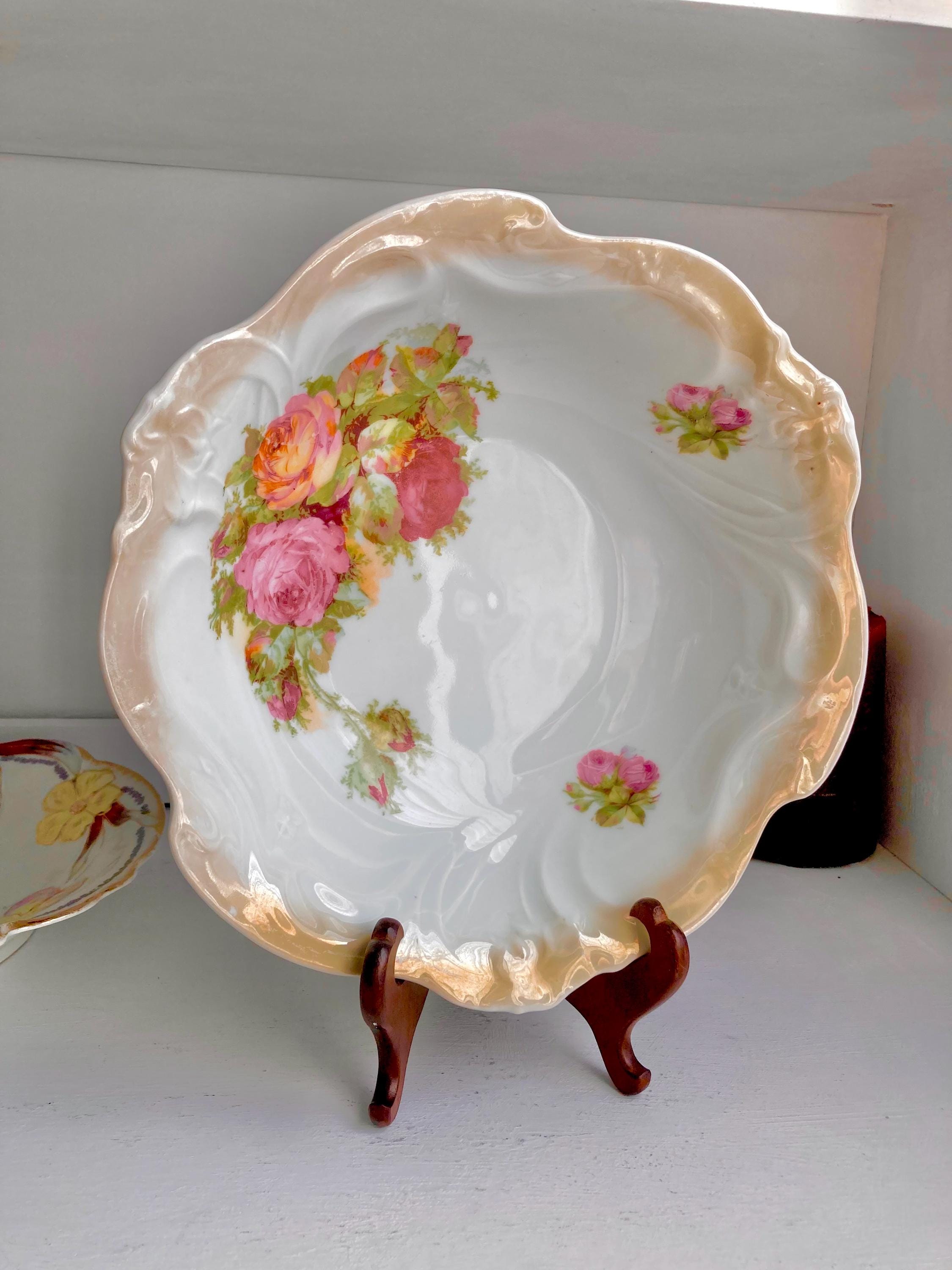 Vintage Bavarian Porcelain Bowl: Floral Appliqué, Luster Ruffled Rim