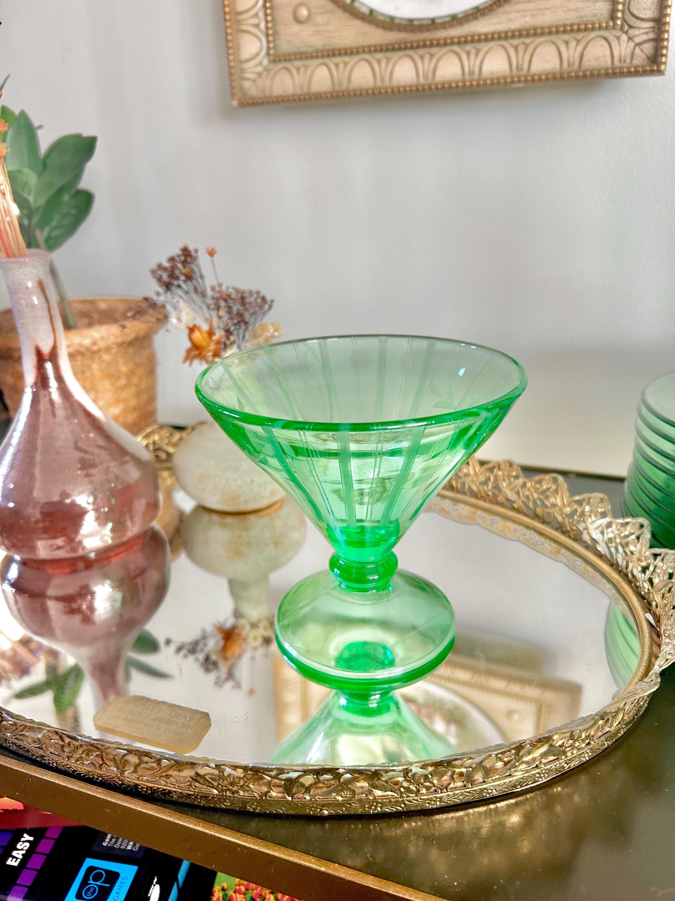 Vintage Uranium Green Heavy Pressed Glass Pedestal Sherbet Dish, Etched