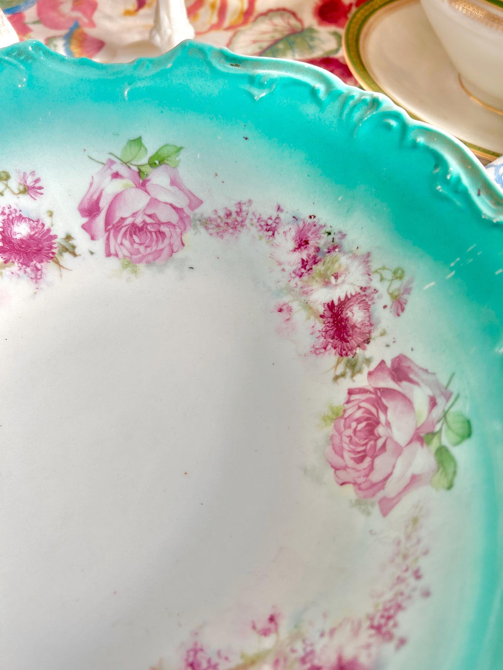 Vintage Porcelain Serving Bowl: Teal Rim, Rose Garland, Scalloped Edge (10-inch)