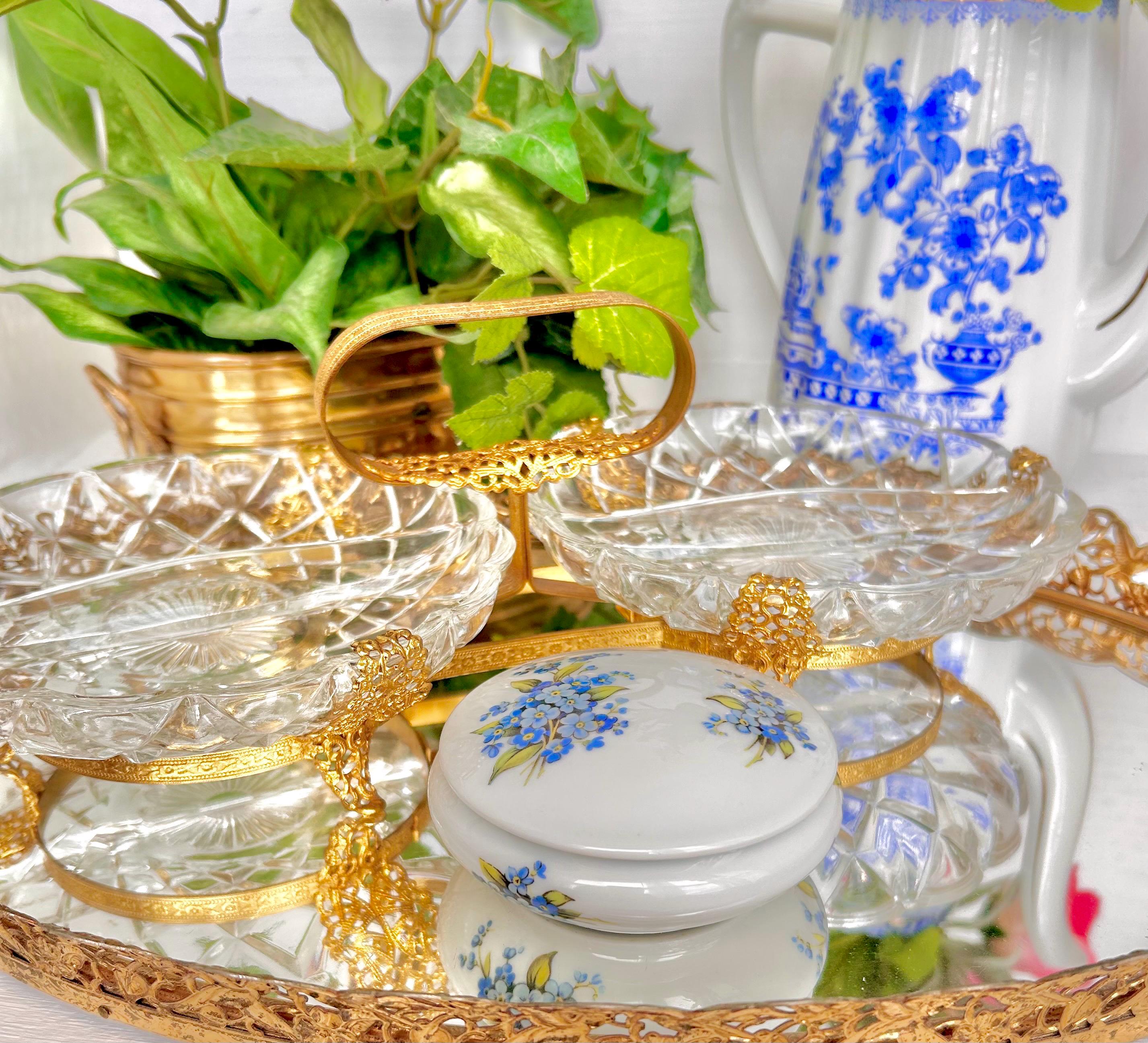 Vintage Limoges Rochard Porcelain Trinket Dish with Lid, Forget-me-not Floral Pattern