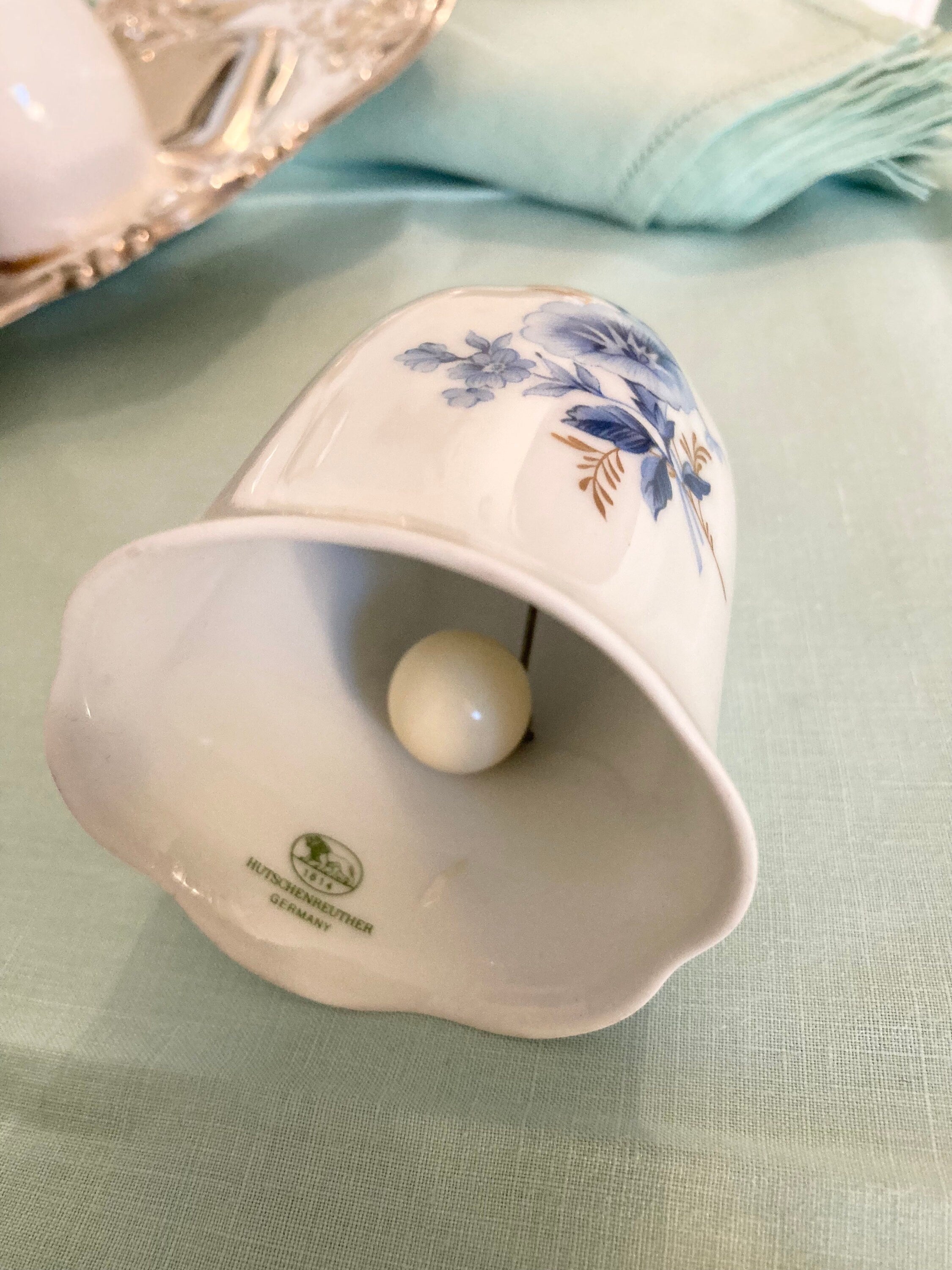 Vintage Porcelain Bell - Blue Flowers on White - gold trim