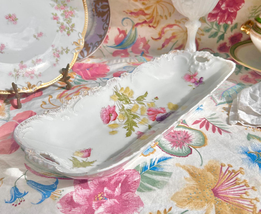 Vintage Porcelain Tray: Pink & Purple Poppies, Gilt Rim, Bavaria Germany