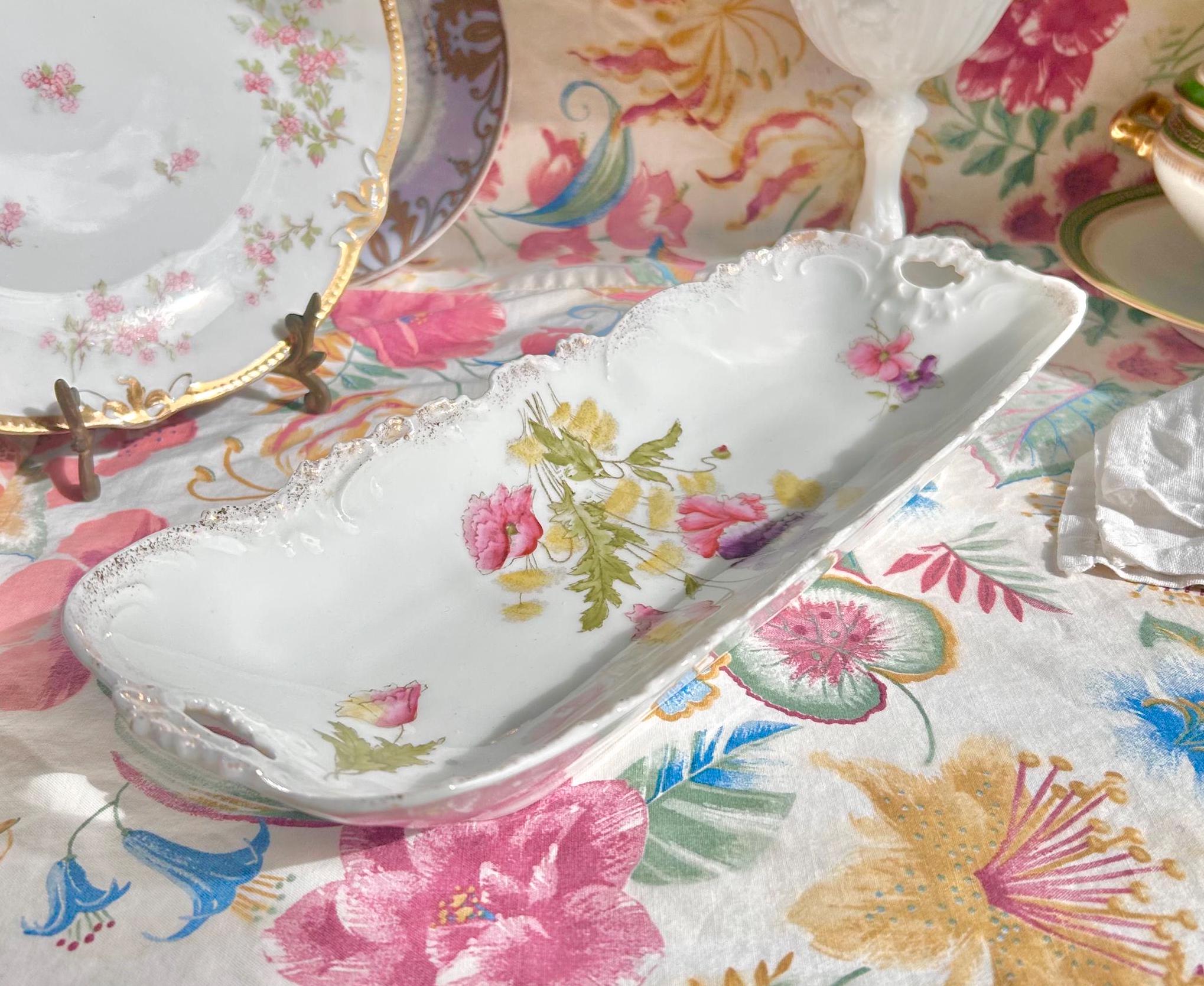 Vintage Porcelain Tray: Pink & Purple Poppies, Gilt Rim, Bavaria Germany