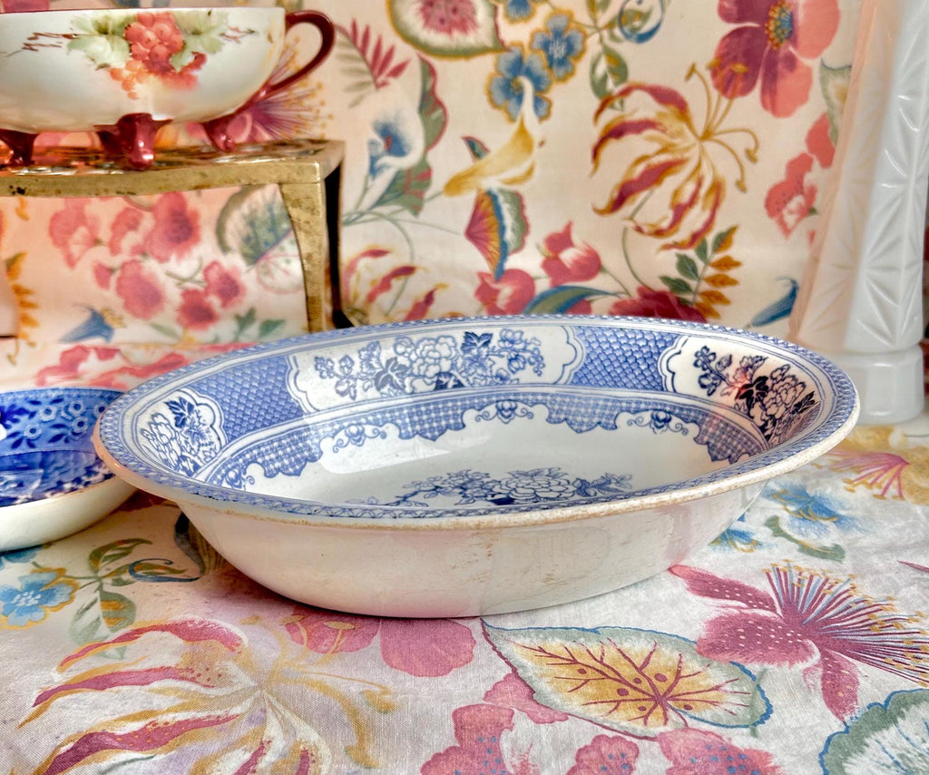 Antique Chinoiserie Serving Bowl: Blue and White Floral Transferware, Soho Pottery