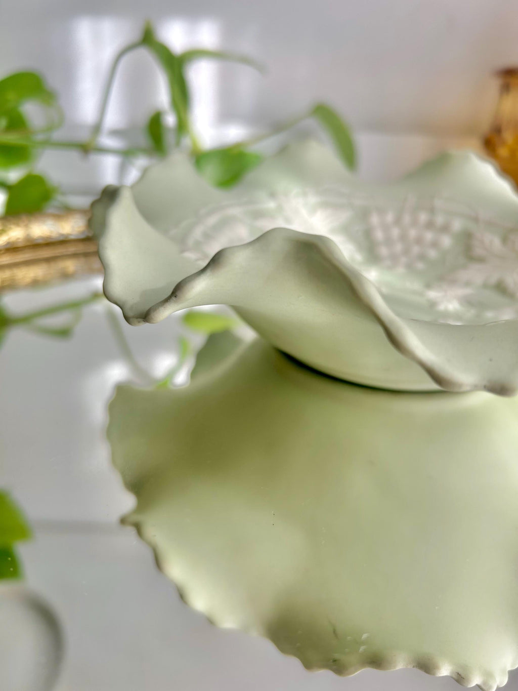 Vintage Bisque Ruffled Bowl: Pale Green Grape Vine Pattern