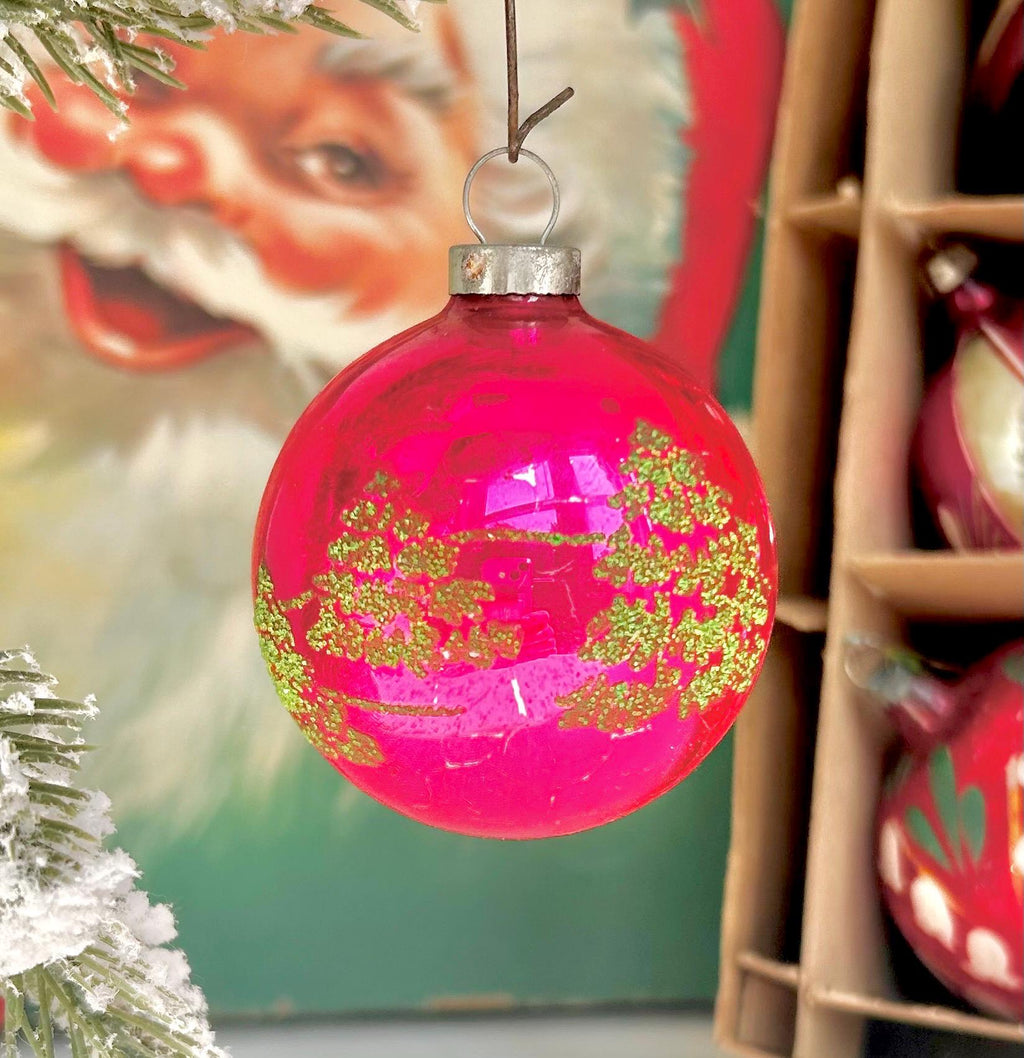 Vintage Stenciled Glass Christmas Ornament: Flocked Holiday Bulbs, USA Made