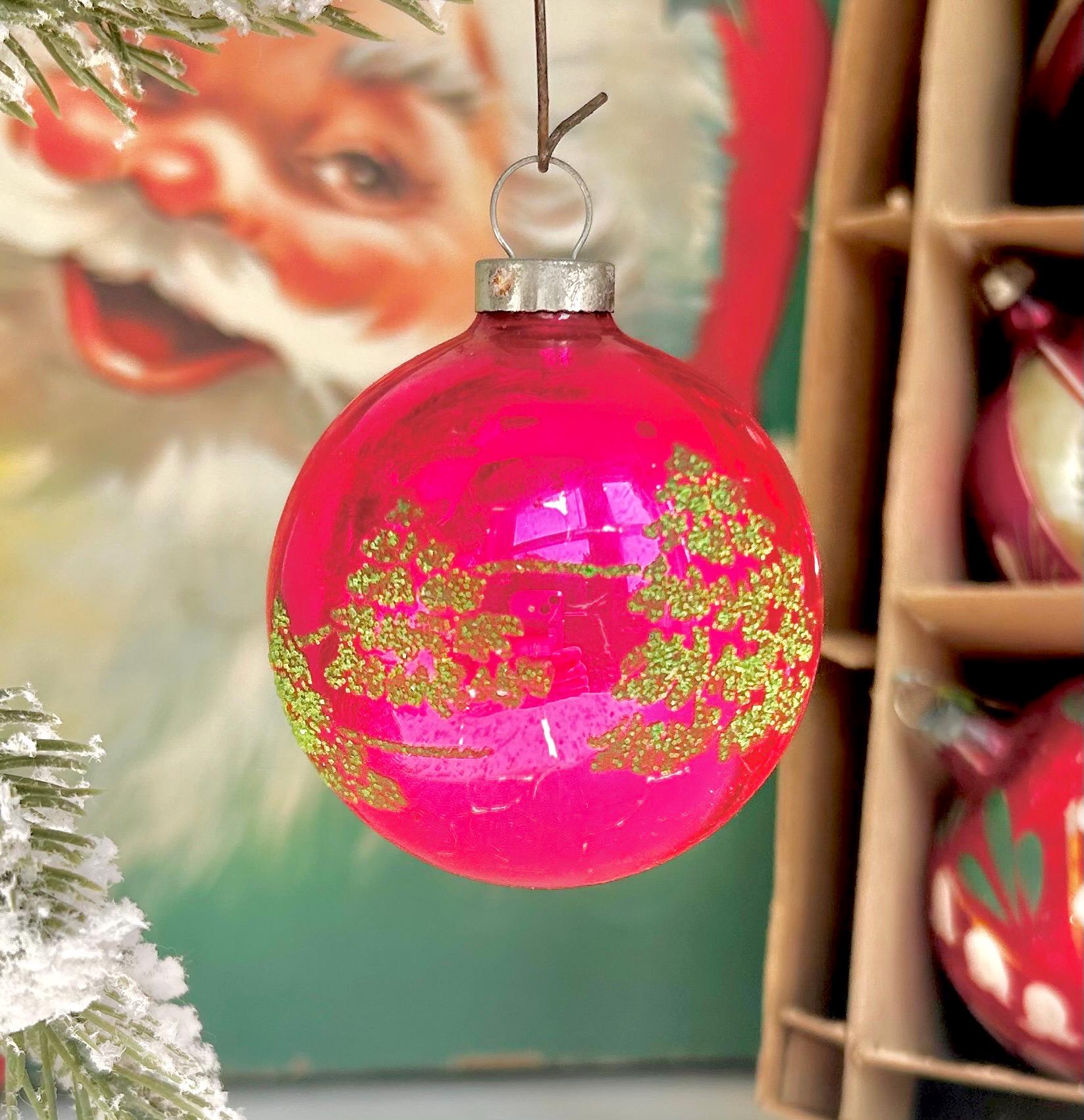 Vintage Stenciled Glass Christmas Ornament: Flocked Holiday Bulbs, USA Made