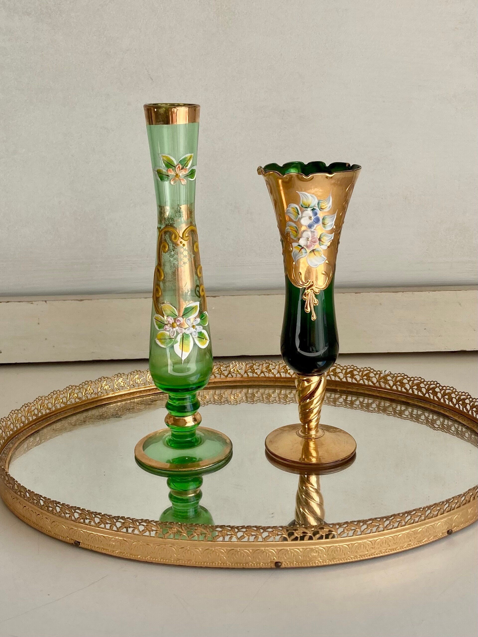 Vintage Green Glass Hand Painted Gilt Bohemian Bud Vases: choose from Two