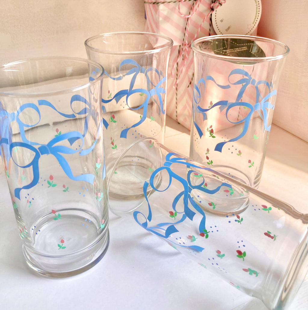 Vintage Libbey Glassware Set: Blue Ribbon & Rose Floral Glasses