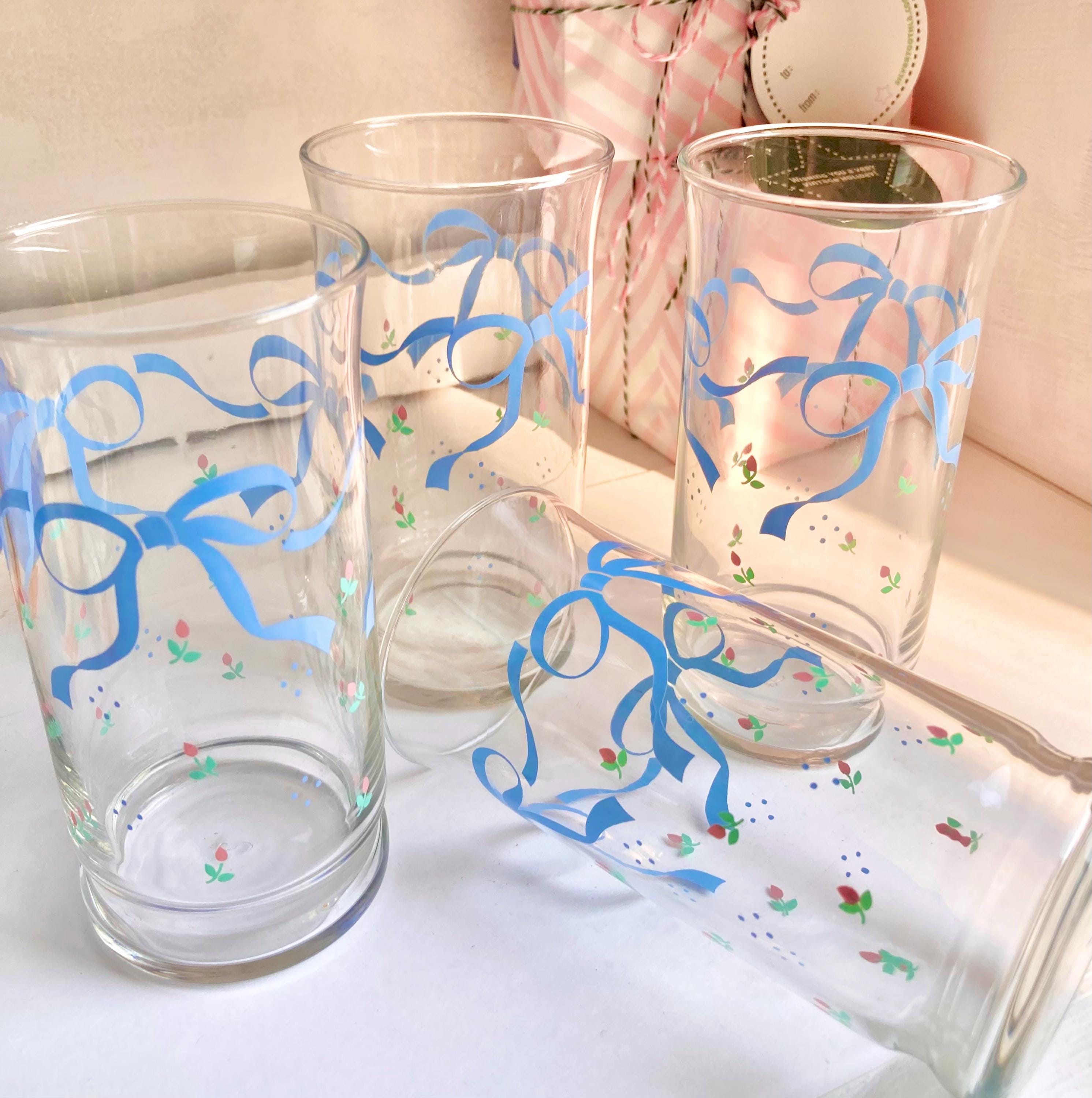Vintage Libbey Glassware Set: Blue Ribbon & Rose Floral Glasses