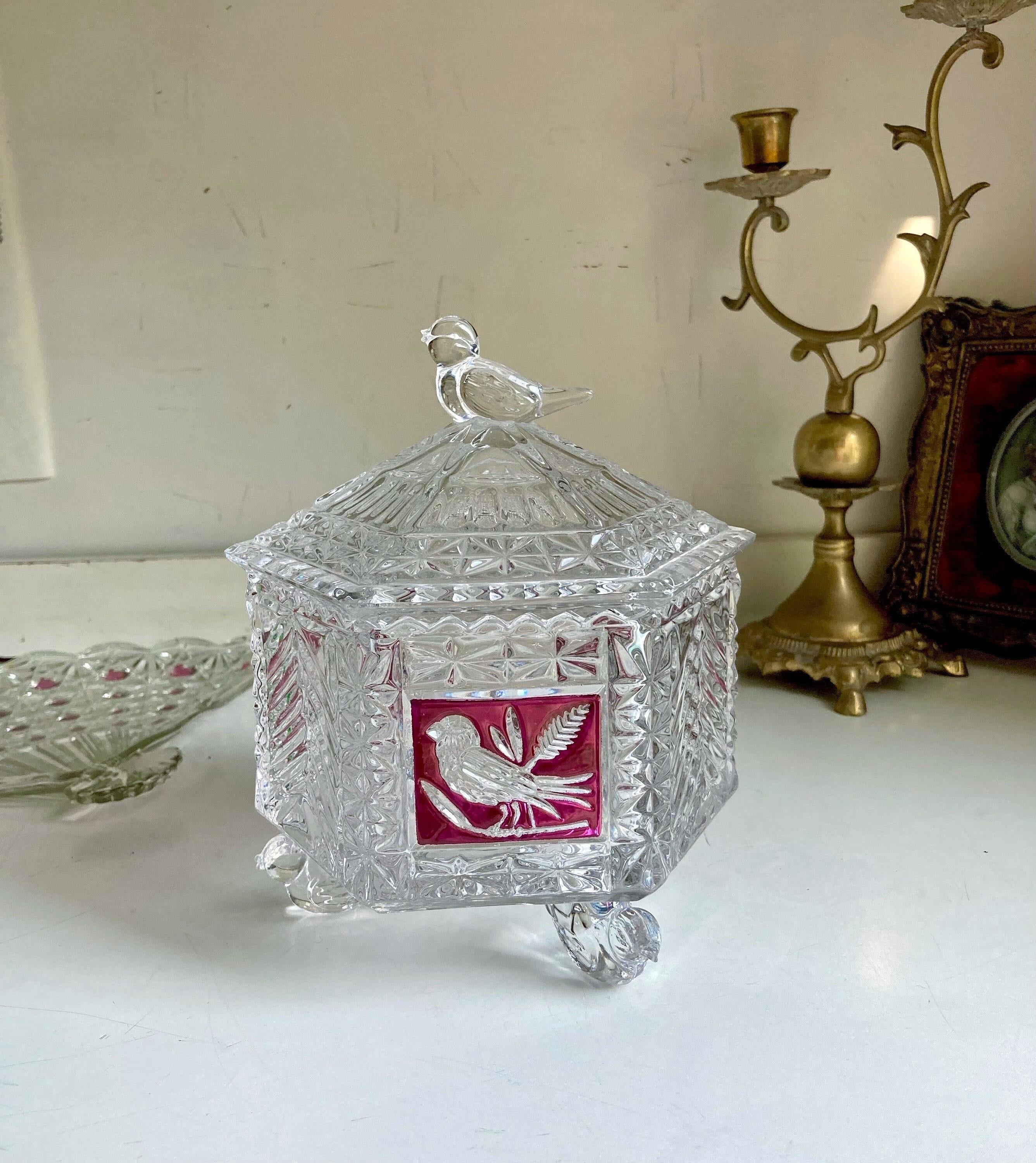 Hofbauer Red Flashed Byrde Crystal Collection Lidded Candy Dish with Bird Feet and Handle
