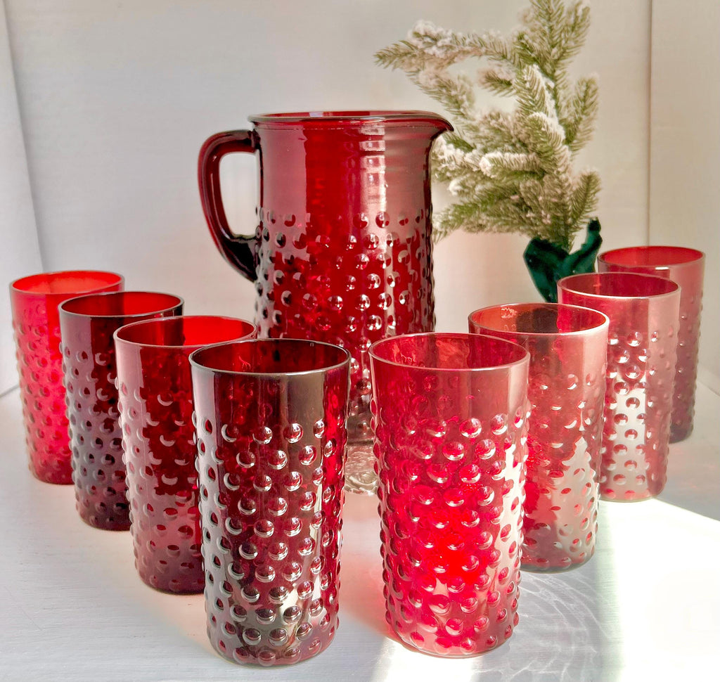 Vintage Anchor Hocking Royal Ruby Red Hobnail Glass Set: Pitcher & 8 Juice Glasses