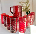 Vintage Anchor Hocking Royal Ruby Red Hobnail Glass Set: Pitcher & 8 Juice Glasses