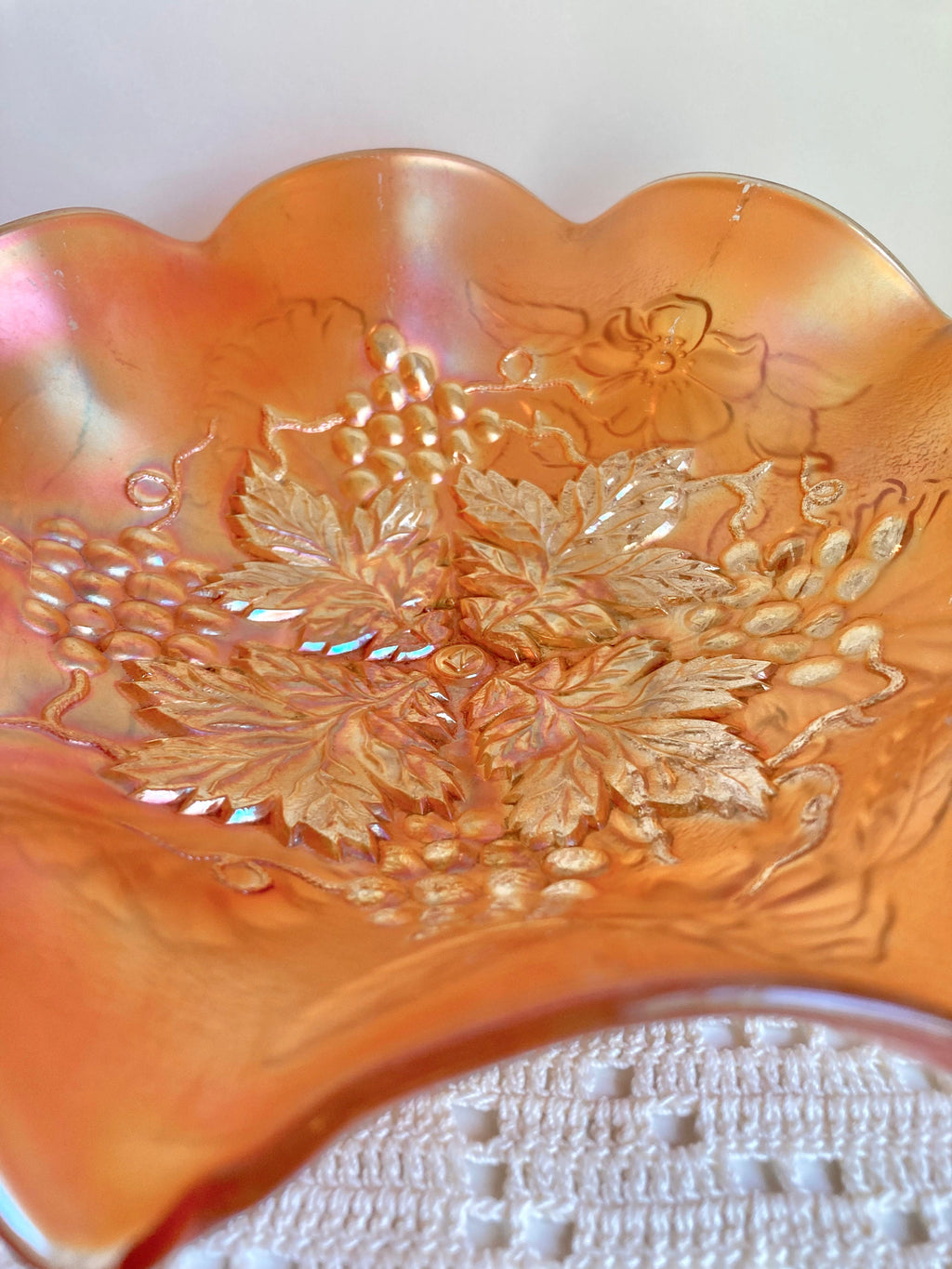 Antique Northwood Marigold Carnival Glass Ruffled Bowl: Grape Cable & Blossom Palm, c. 1910